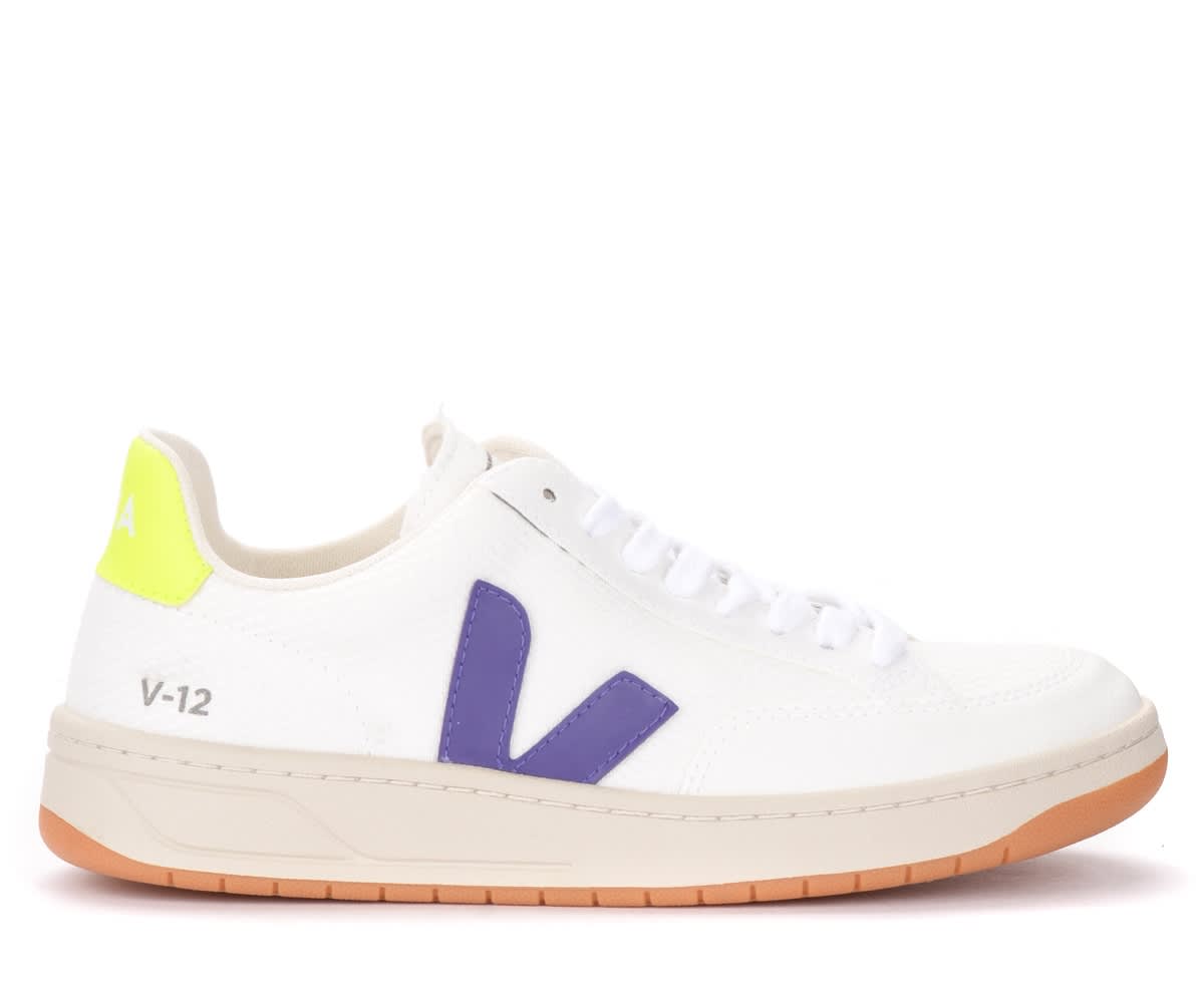 Veja V-12 Sneakers In White Mesh With Purple Rubber Logo