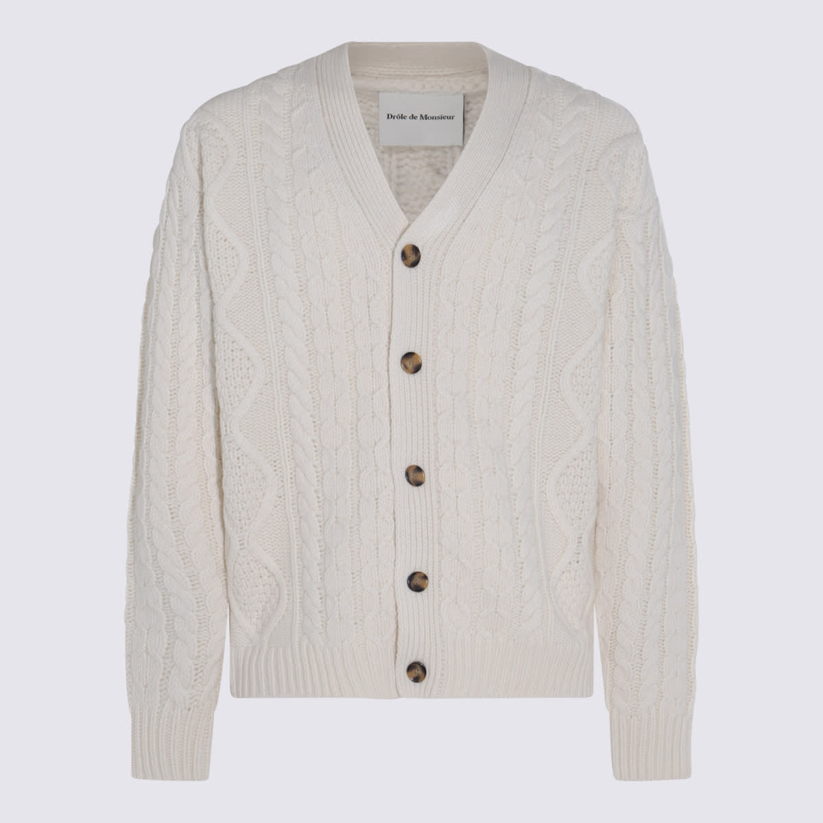 Shop Drôle De Monsieur Cream Wool Knitted Cardigan In White