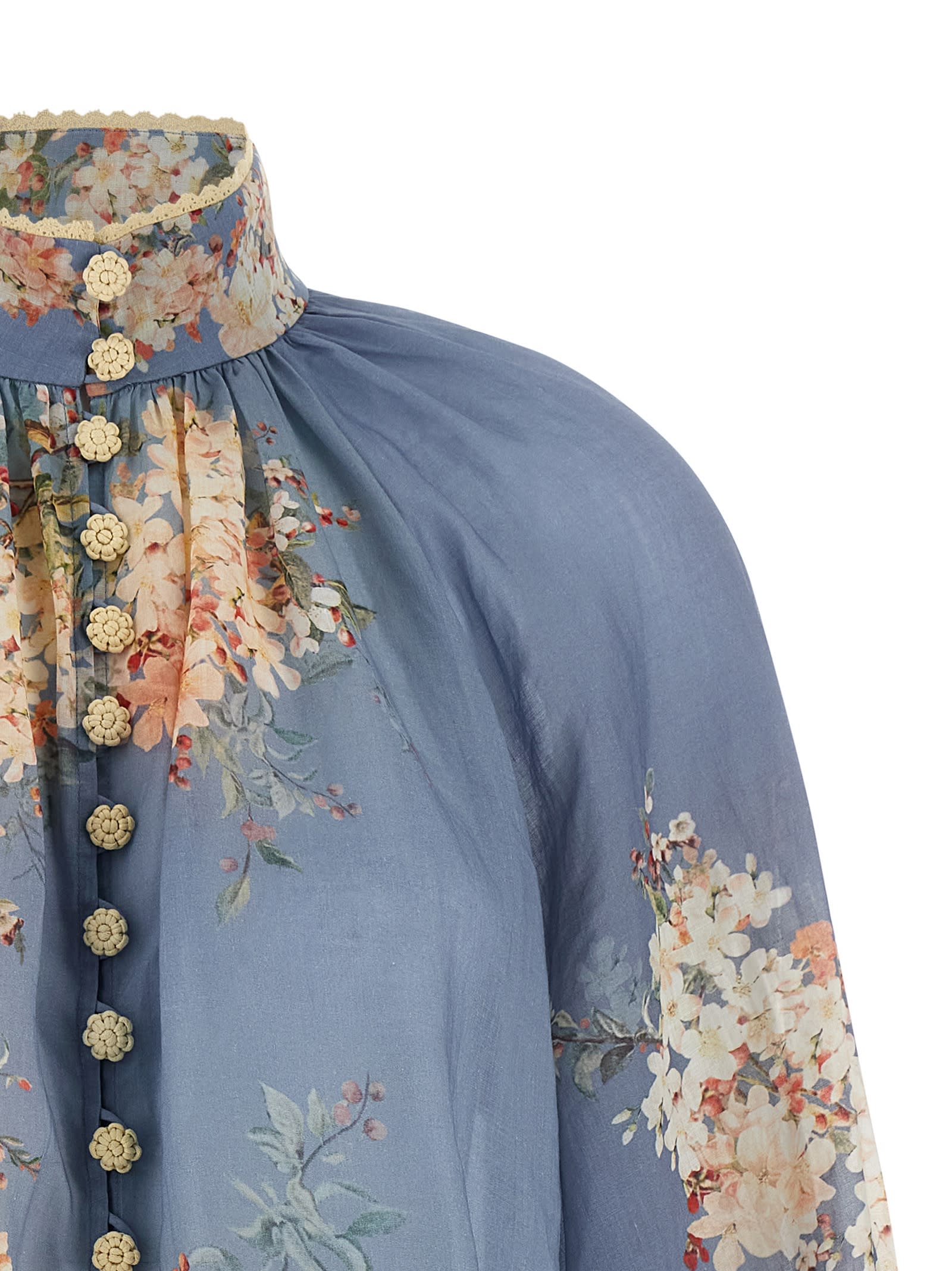 Zimmermann Cascadian Lace-trimmed Floral-print Ramie Blouse In Blue