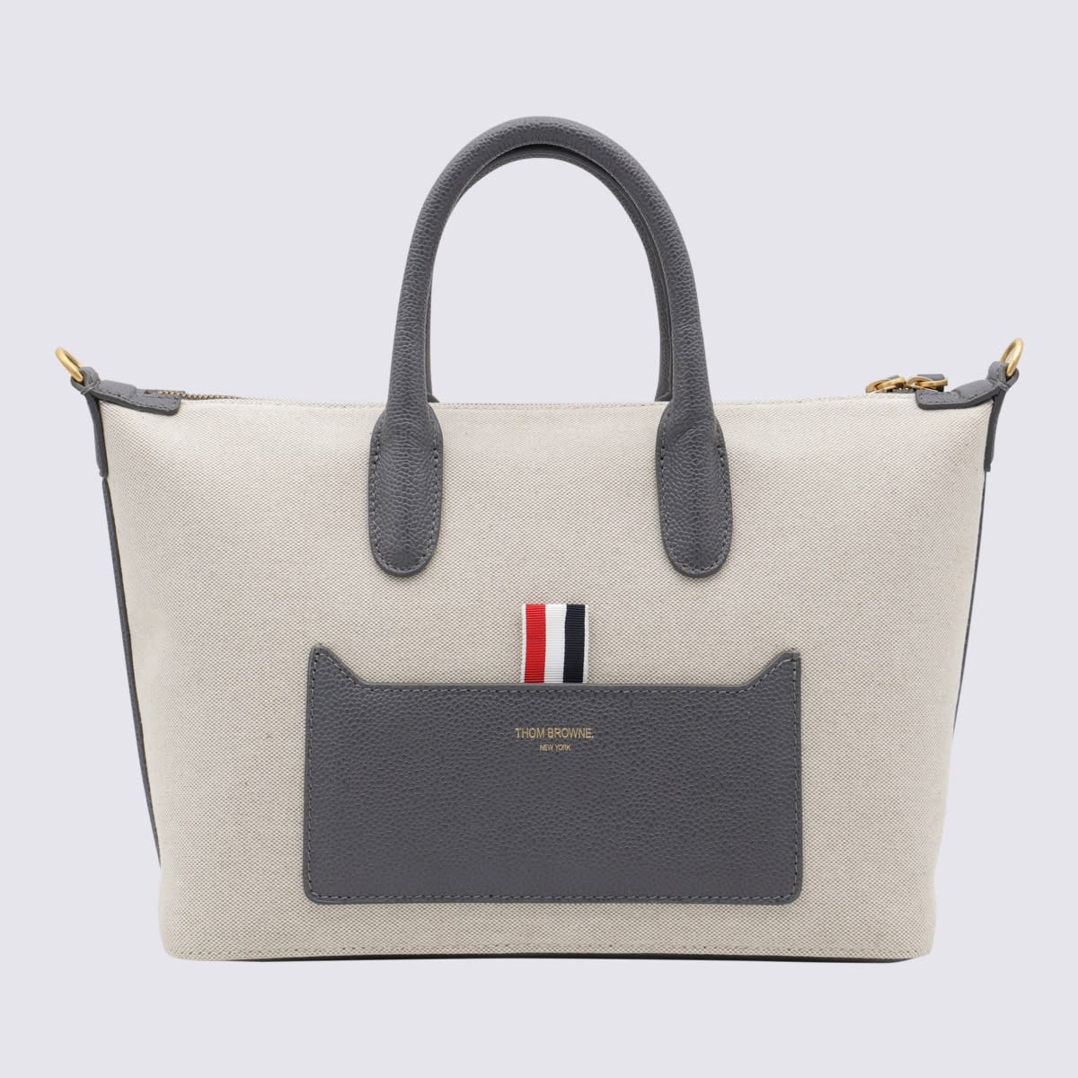 THOM BROWNE NATURAL CANVAS AND LEATHER TOTE BAG