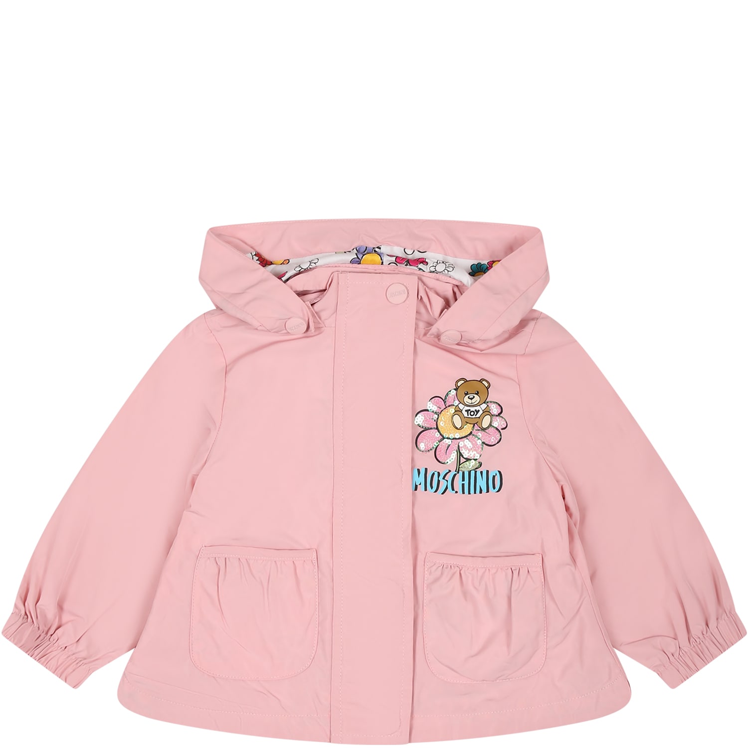 Moschino Pink Raincoat For Baby Girl With Teddy Bear And Logo