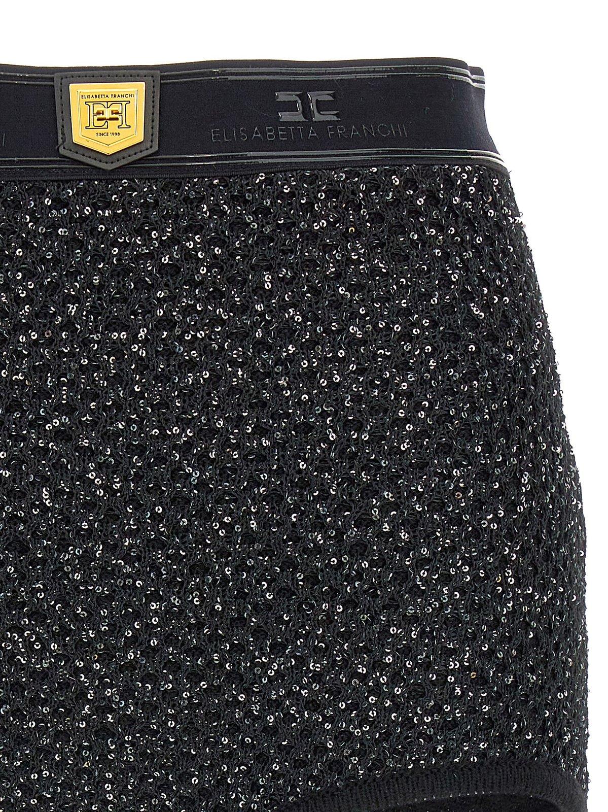 Shop Elisabetta Franchi Logo Plaque Sequin-embellished Shorts In Black