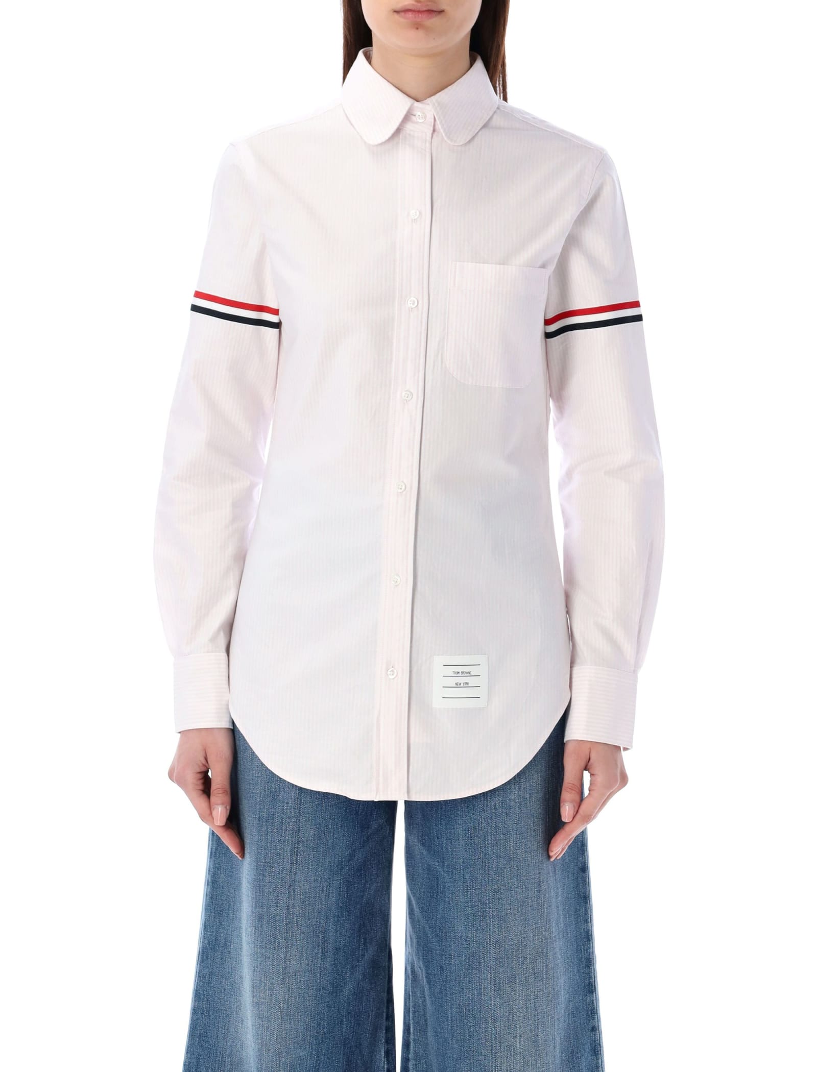 Shop Thom Browne Stripe Oxford Armband Classic Round Collar Shirt In Light Pink\\white Stripes