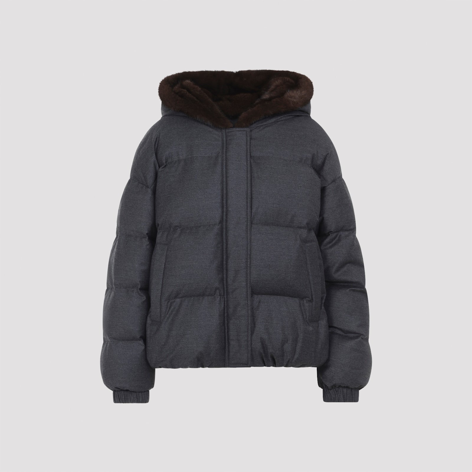 Yves Salomon Hooded Down Jacket Fur Trim In Gray