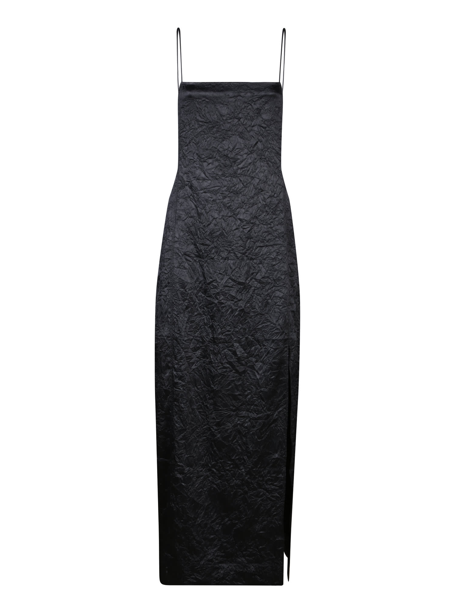 Black Crinkle Satin Midi Slip Dress