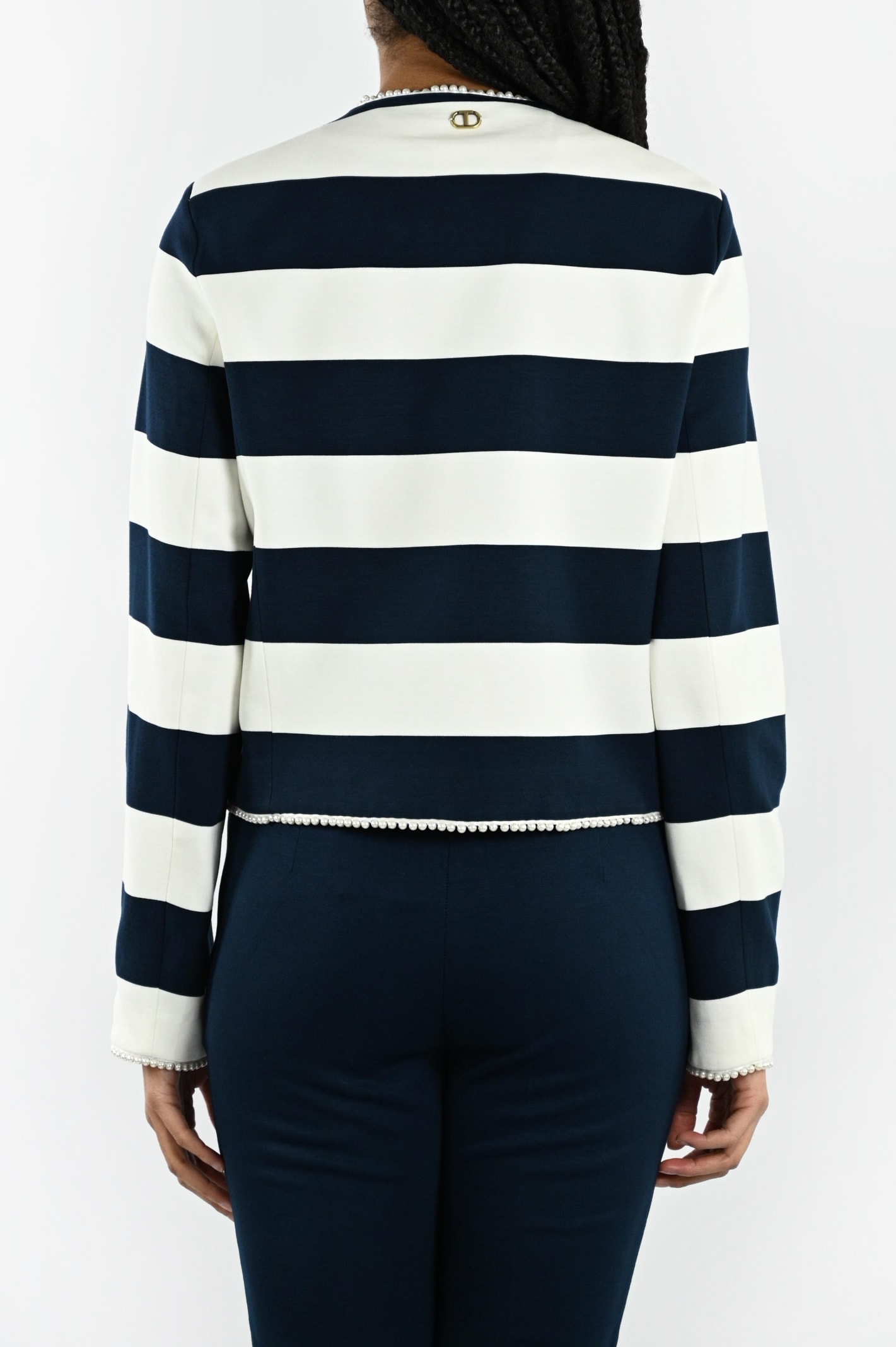 Shop Twinset Striped Jacket With Pearls In Blue