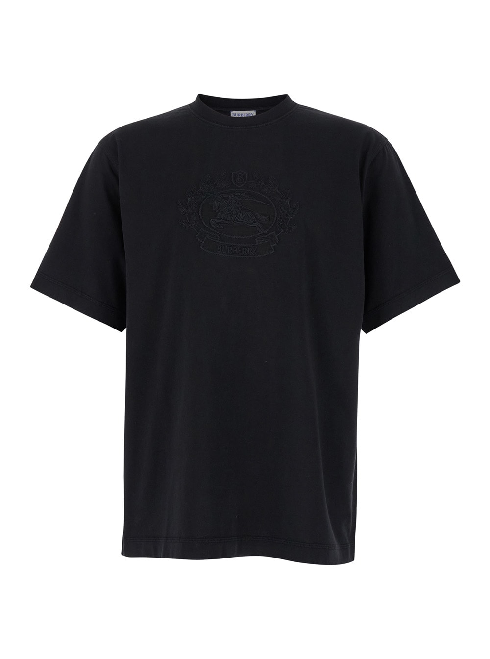 Shop Burberry Black Boxy T-shiirt With Tonal Equestrian Knight Embroidery In Cotton Man