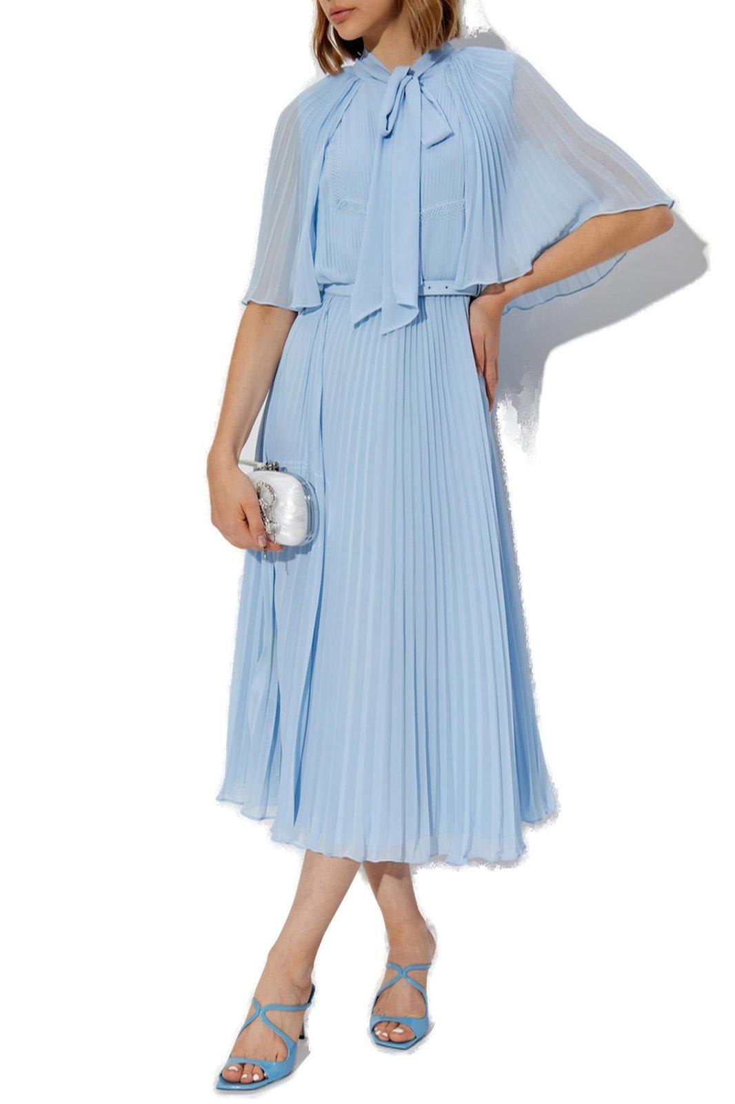 SELF-PORTRAIT PLEATED CHIFFON CAPE MIDI DRESS