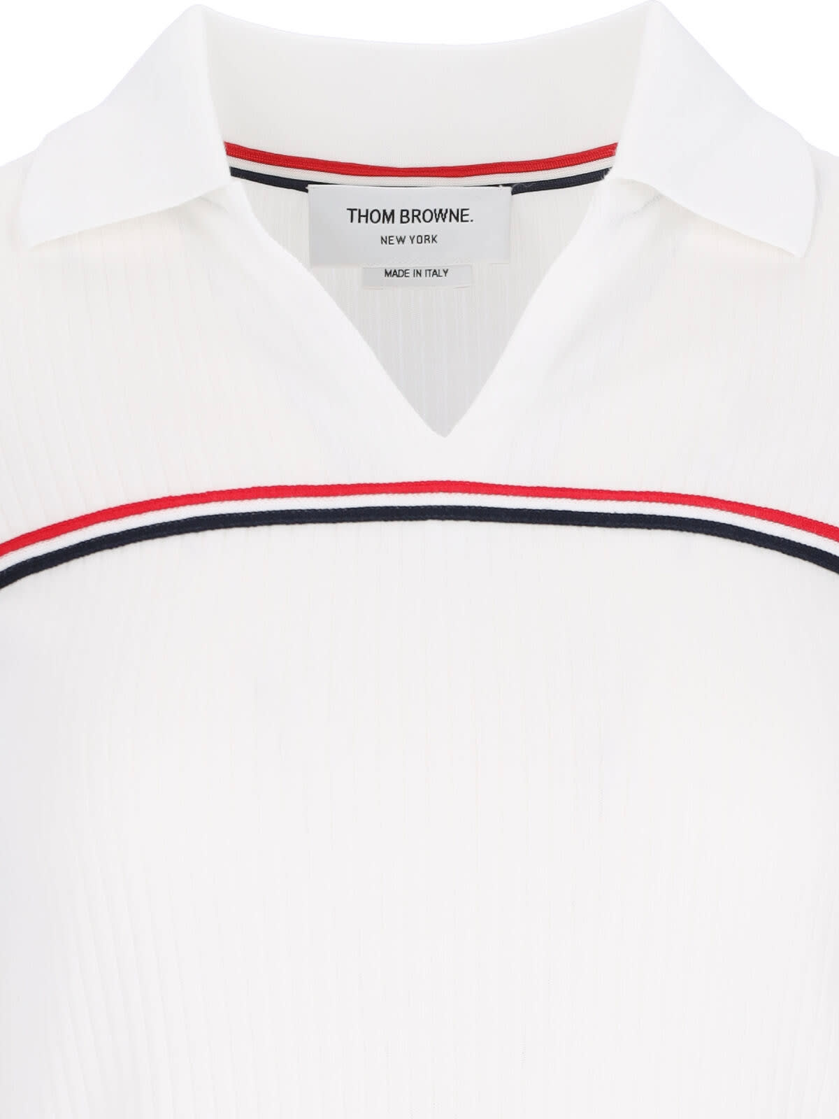 Shop Thom Browne Three Stripes Knit Polo Shirt In White