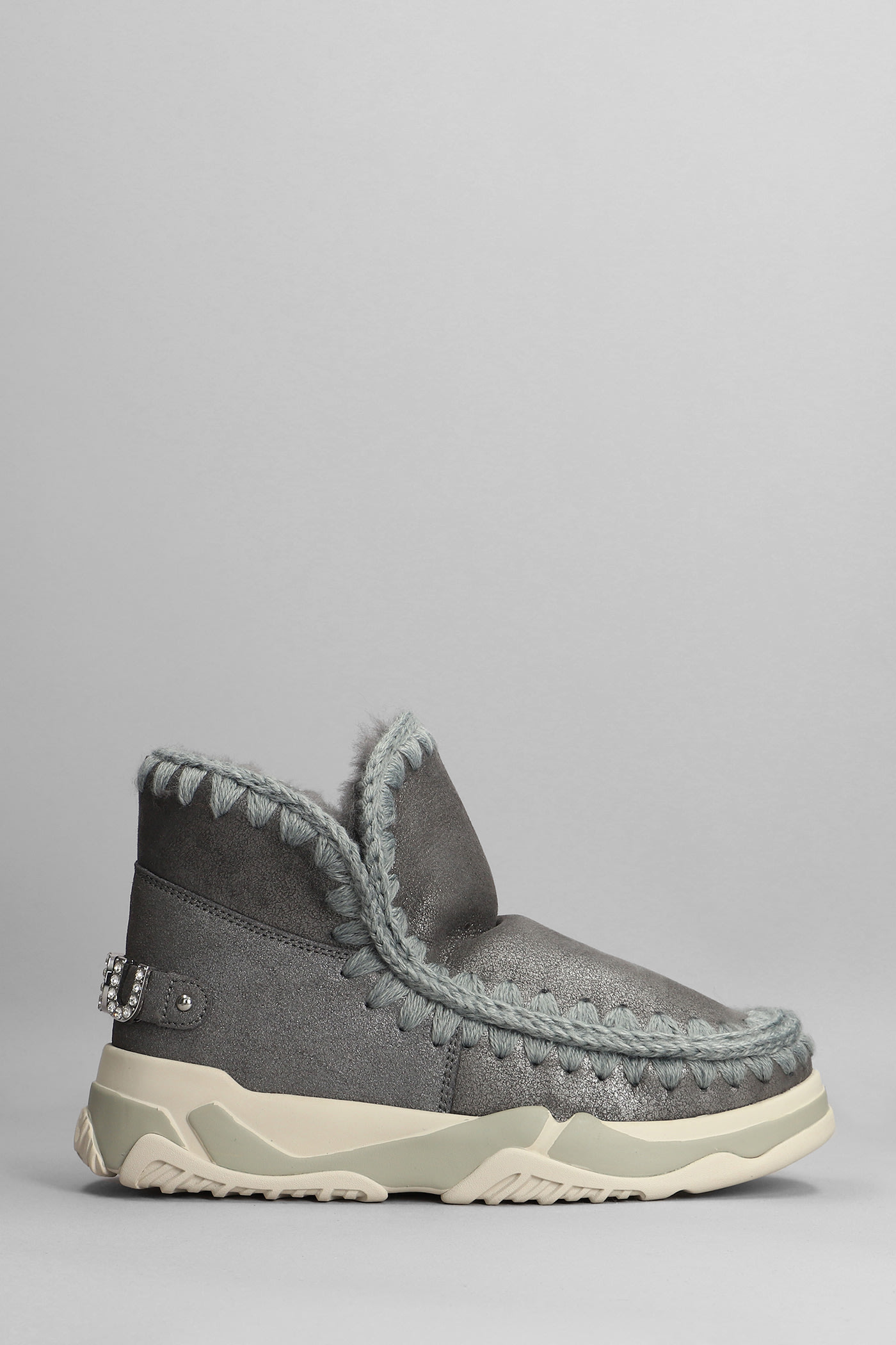 Mou Eskimo Trainer Low Heels Ankle Boots In Grey Leather