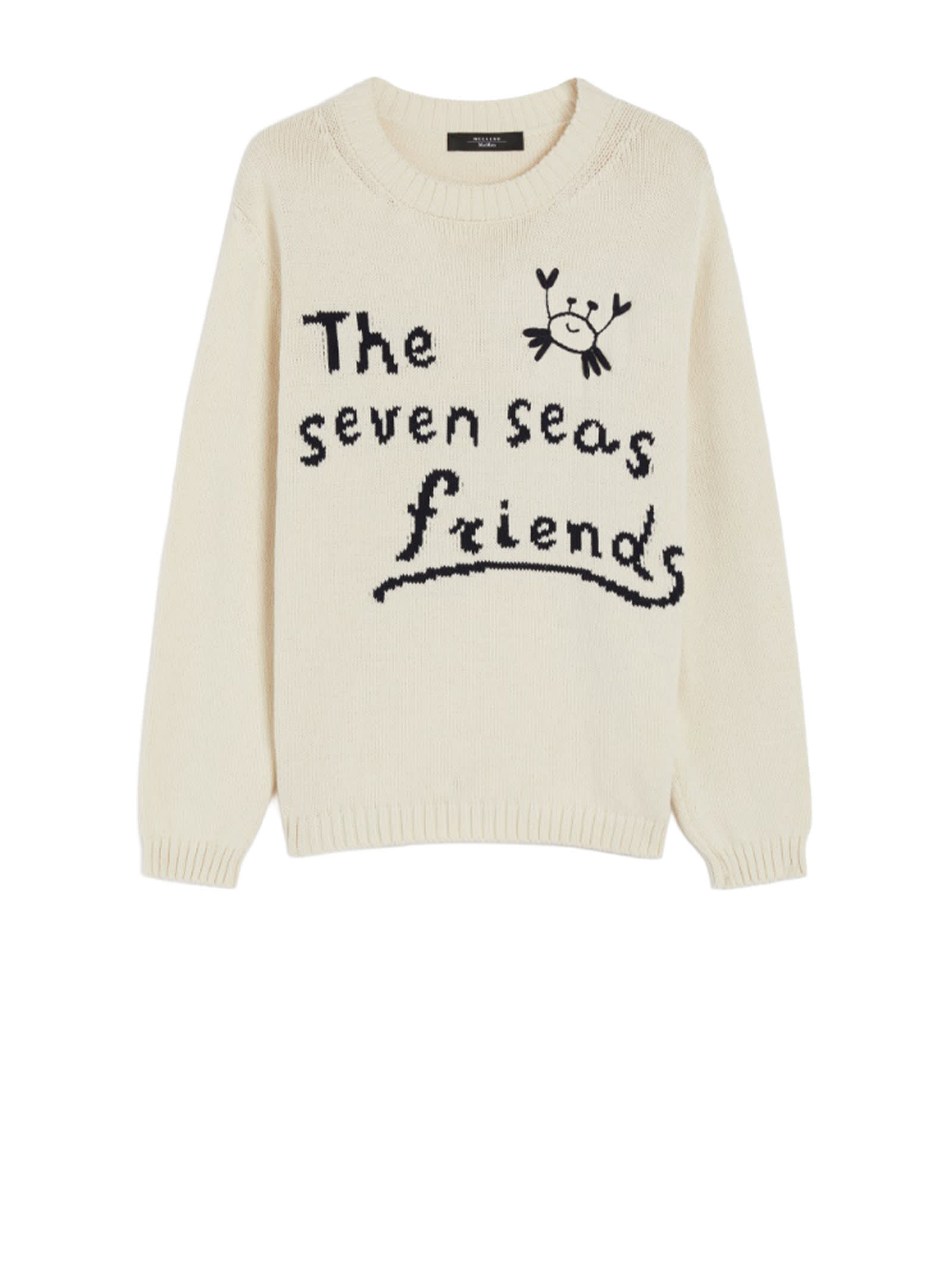 Weekend Max Mara Max Mara Weekend Ivory Cotton Blend Sweater With Collection Motif Inlaid On The Fro In Neutral