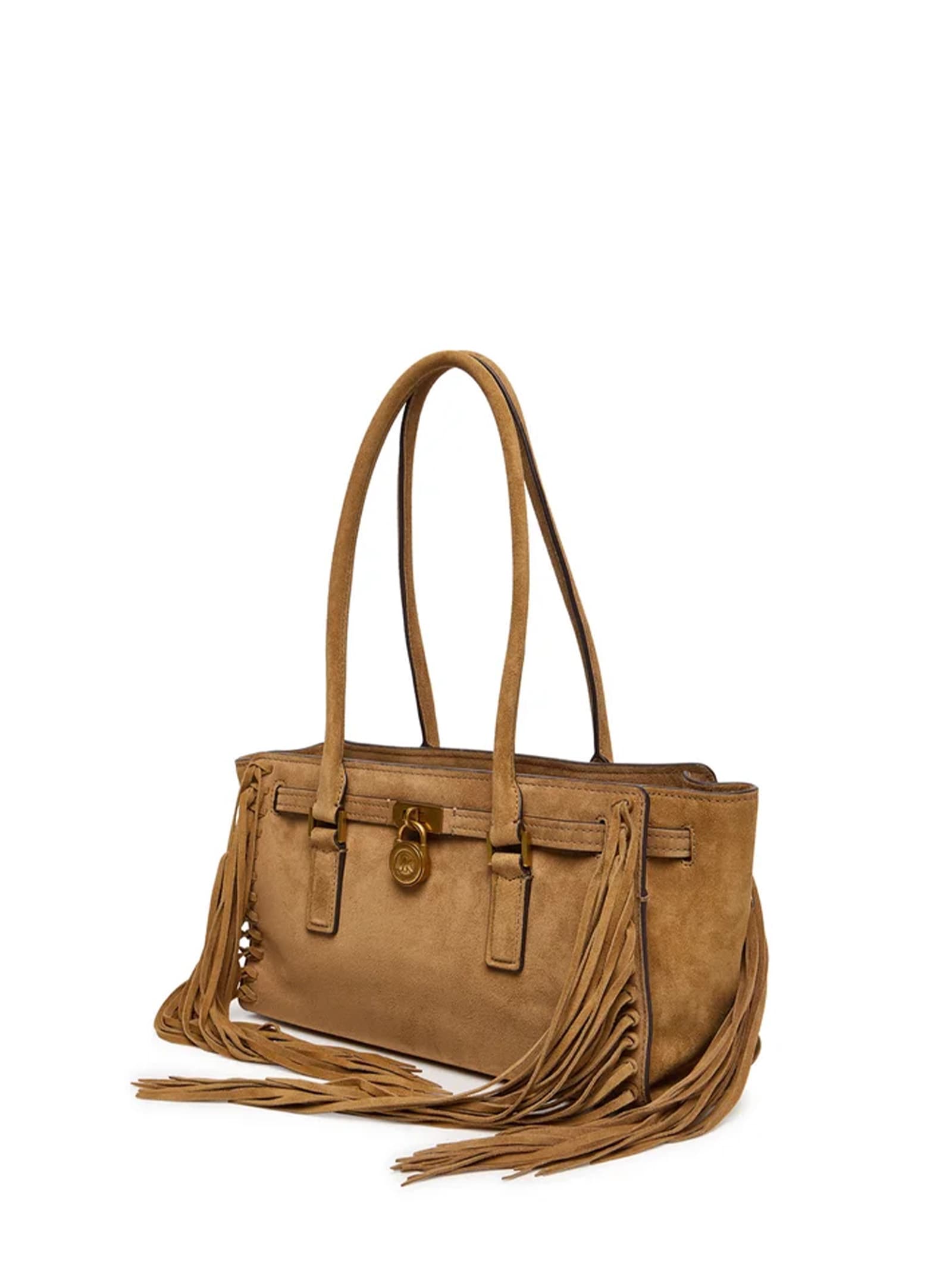 Michael Kors Hamilton Moderne Small Suede Logo Satchel With Fringes In Brown