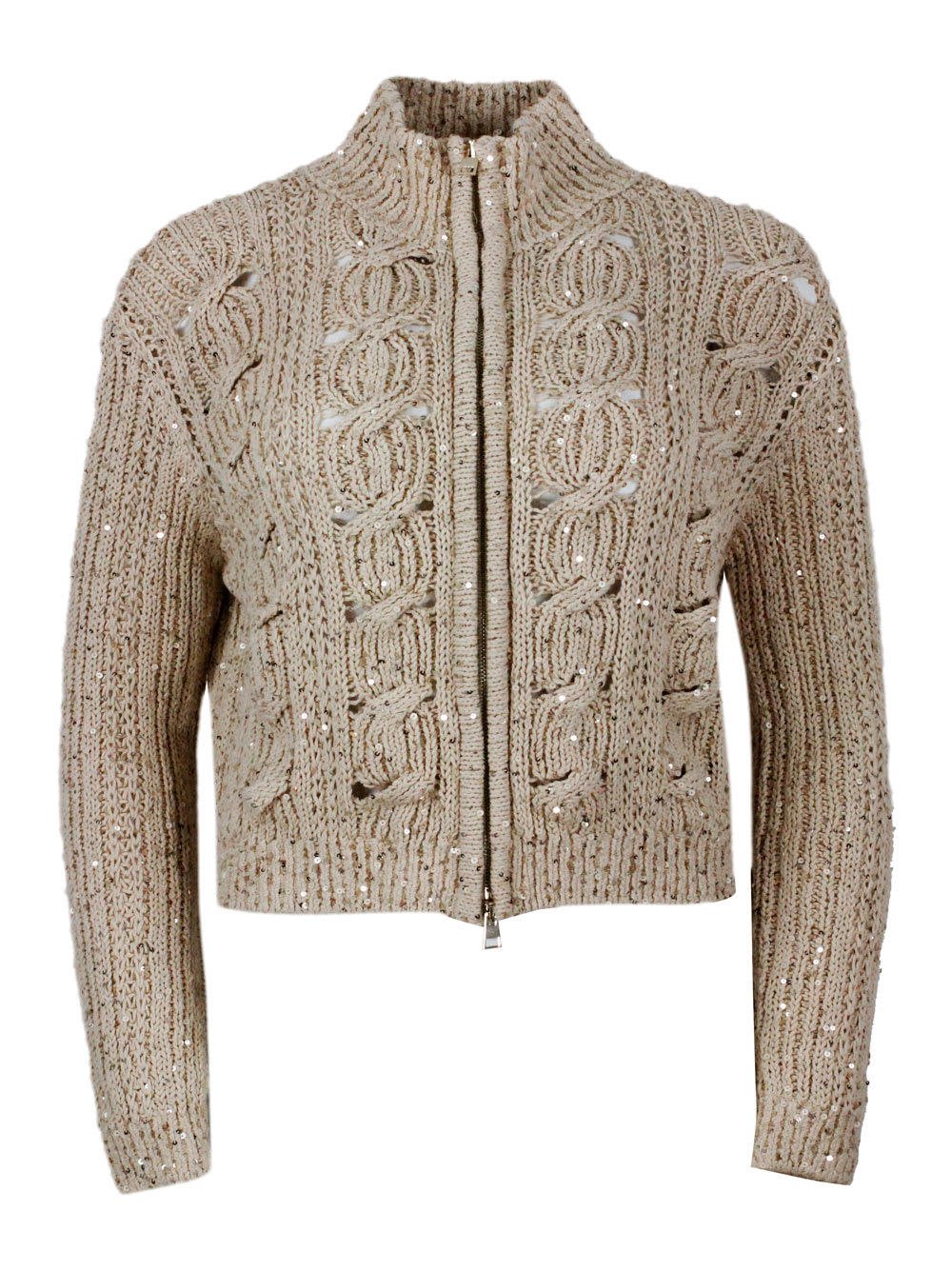 Lorena Antoniazzi Long-sleeved Full-zip Cardigan Sweater In Cotton Thread With Braided Work Embellished With Applied M In Gold
