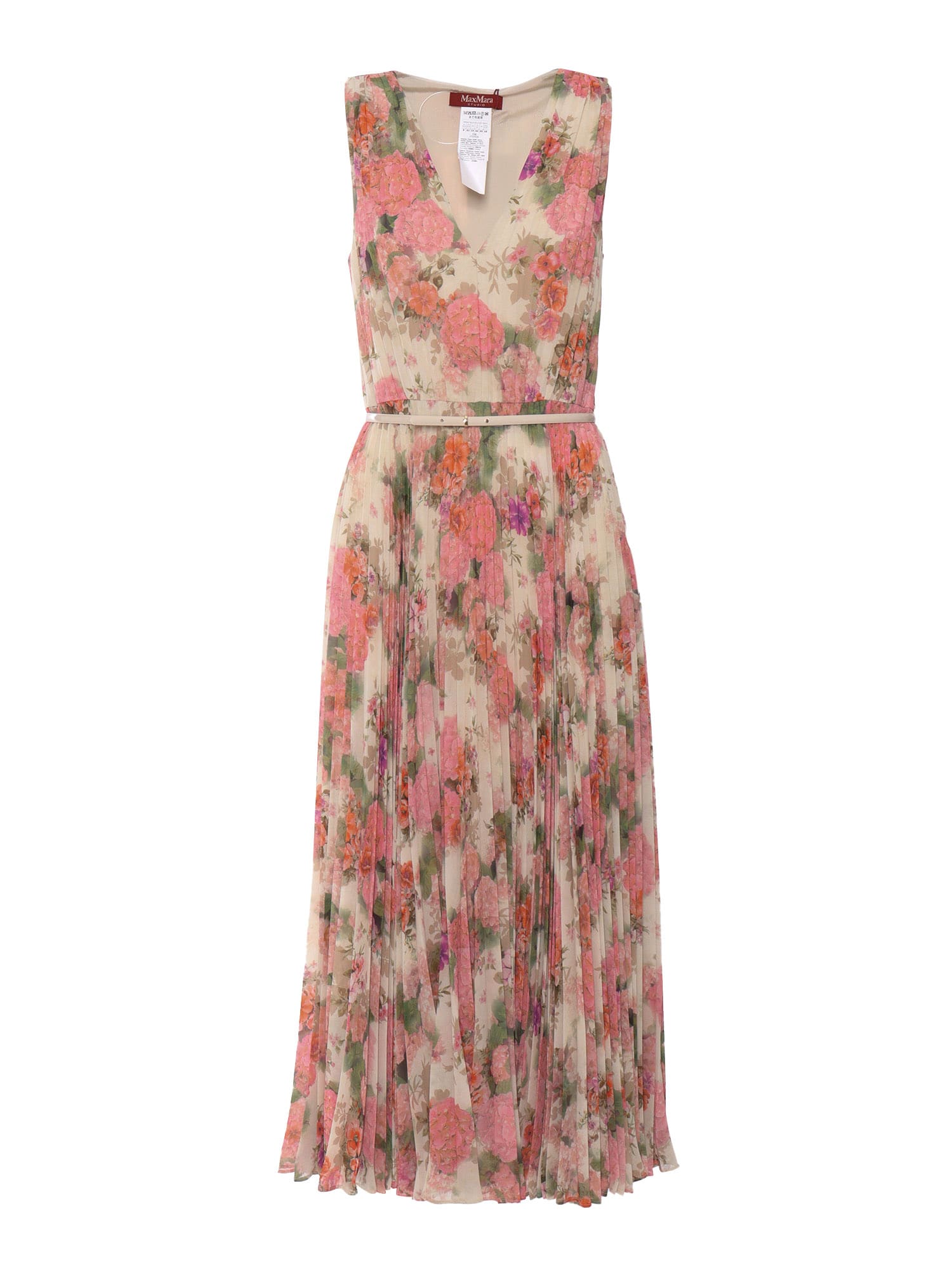 Max Mara Floral Midi Dress With V-neckline And Pleated Skirt In Multi