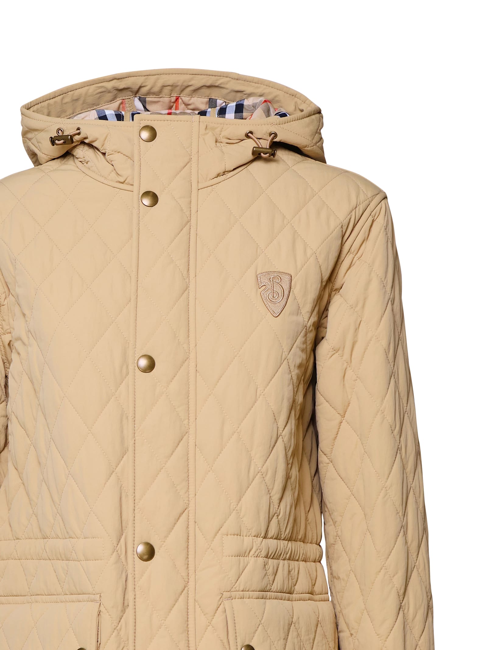 Shop Burberry Quilted Padded Long Jacket In Flax Sand Ip Check