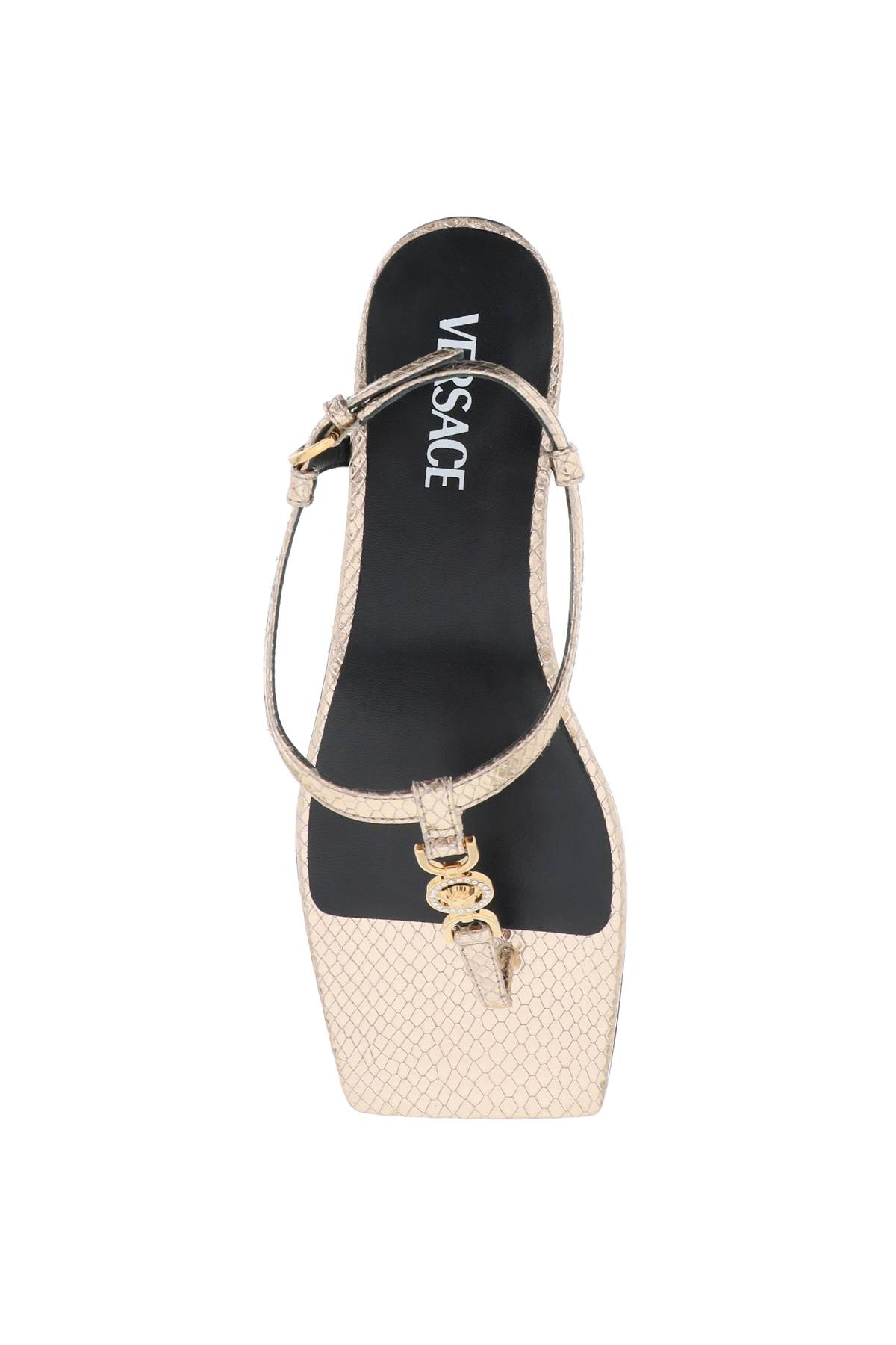 Versace Square-headed Flat Sandals In Champagne Gold (gold)