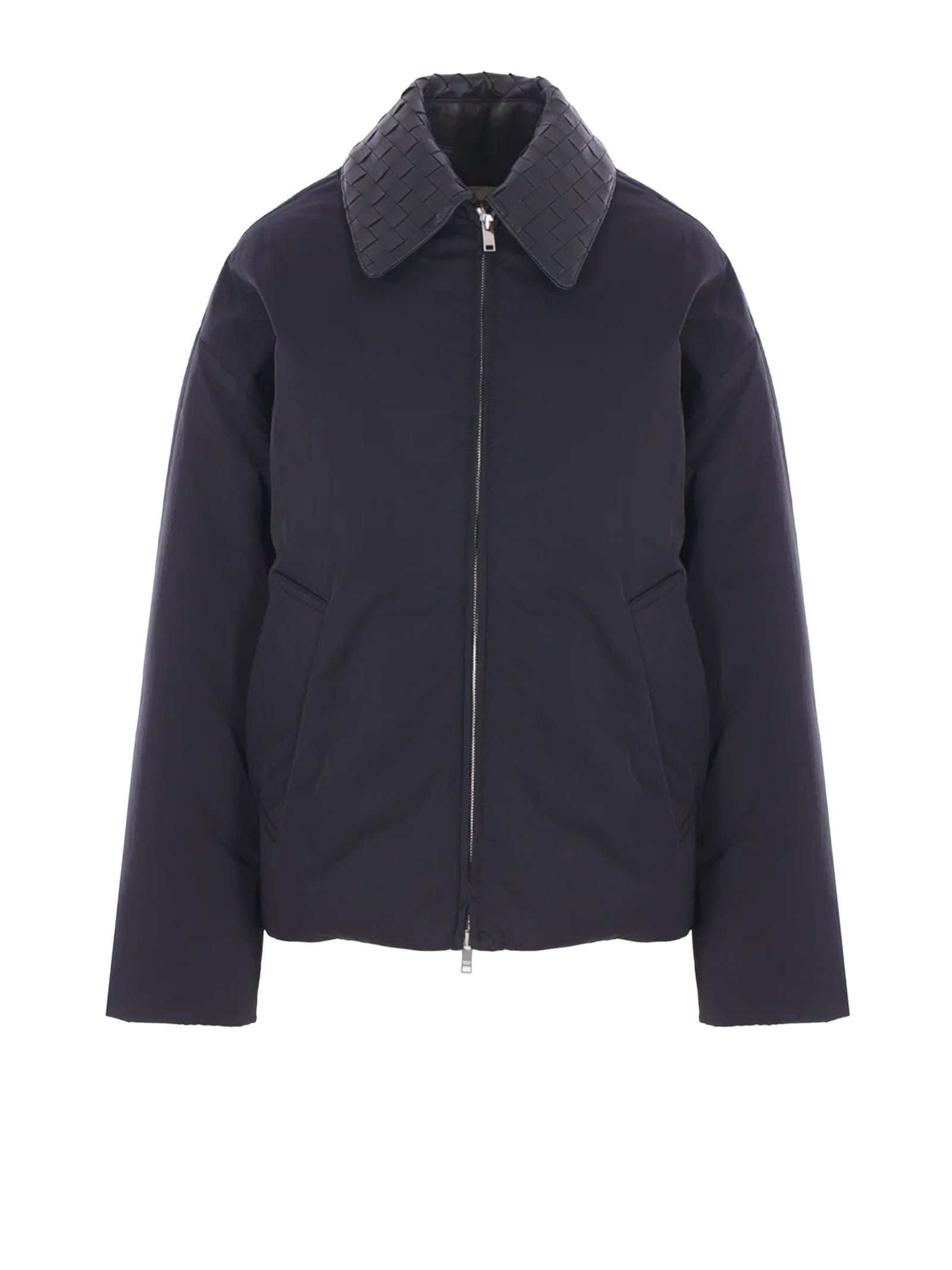 Bottega Veneta Intrecciato Leather Collar Tech Nylon Puffer Jacket In Blue