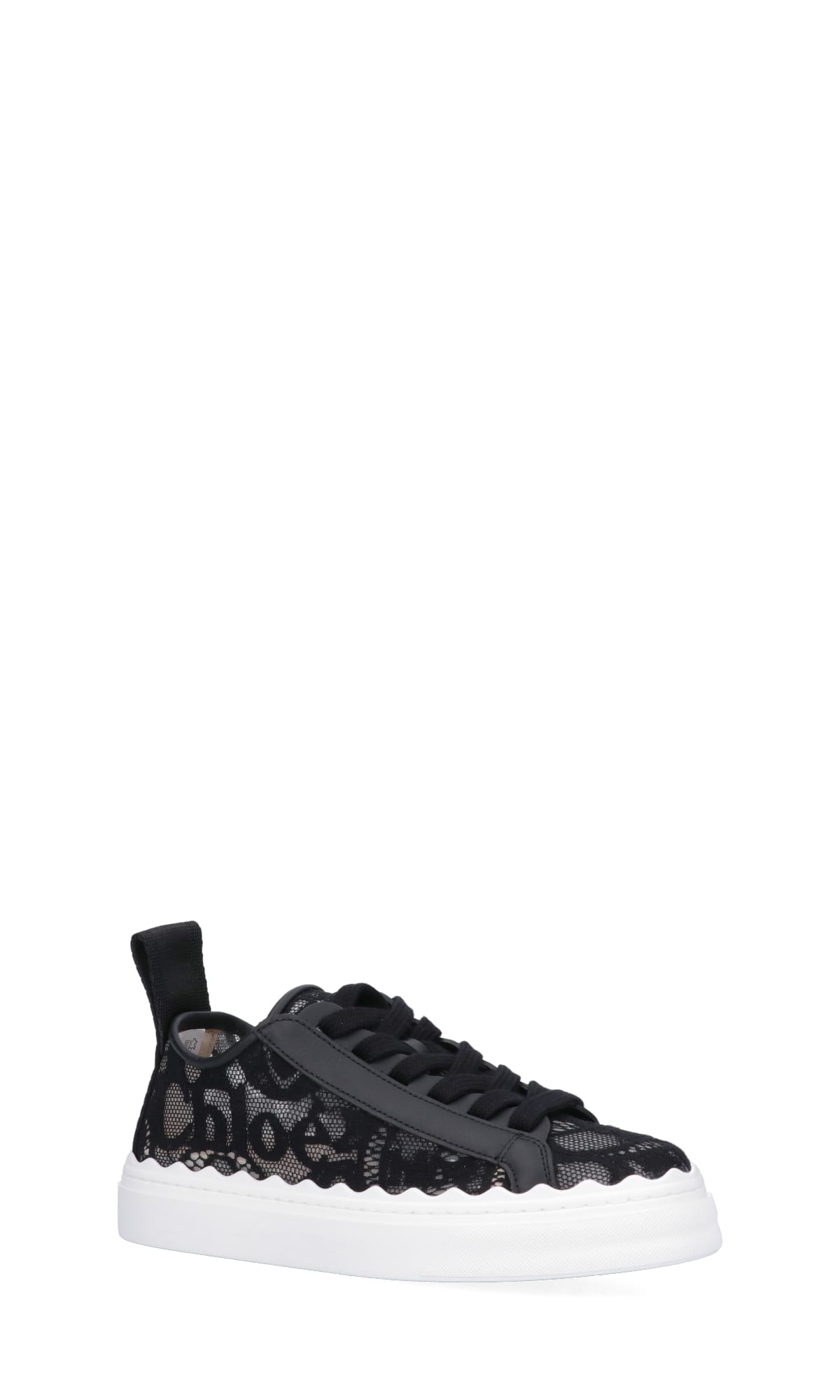 Chloé Lauren Scalloped Logo-detailed Lace And Leather Sneakers In Black