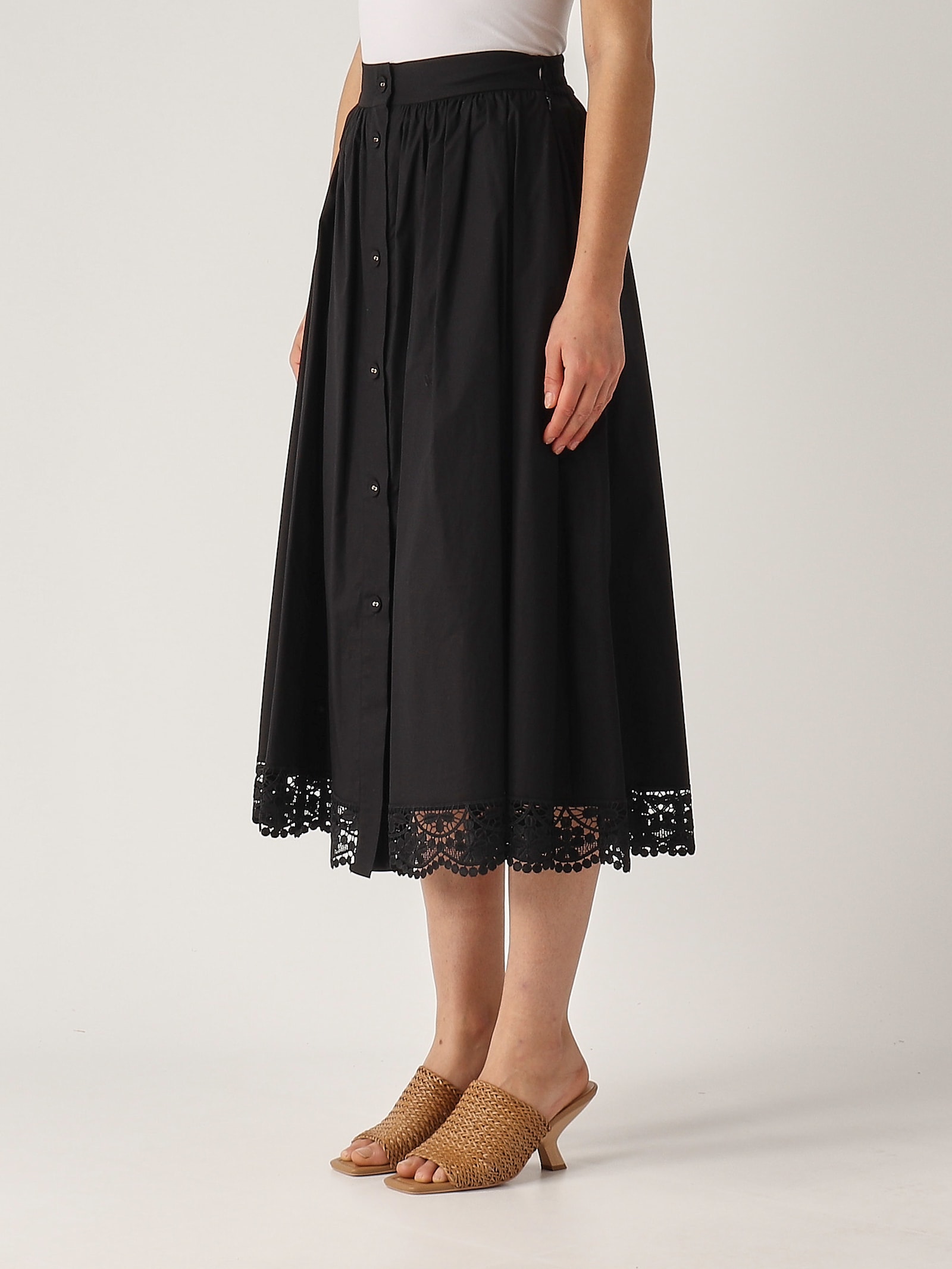 Twinset Cotton Midi Skirt In Black With Buttons Fastening In Nero