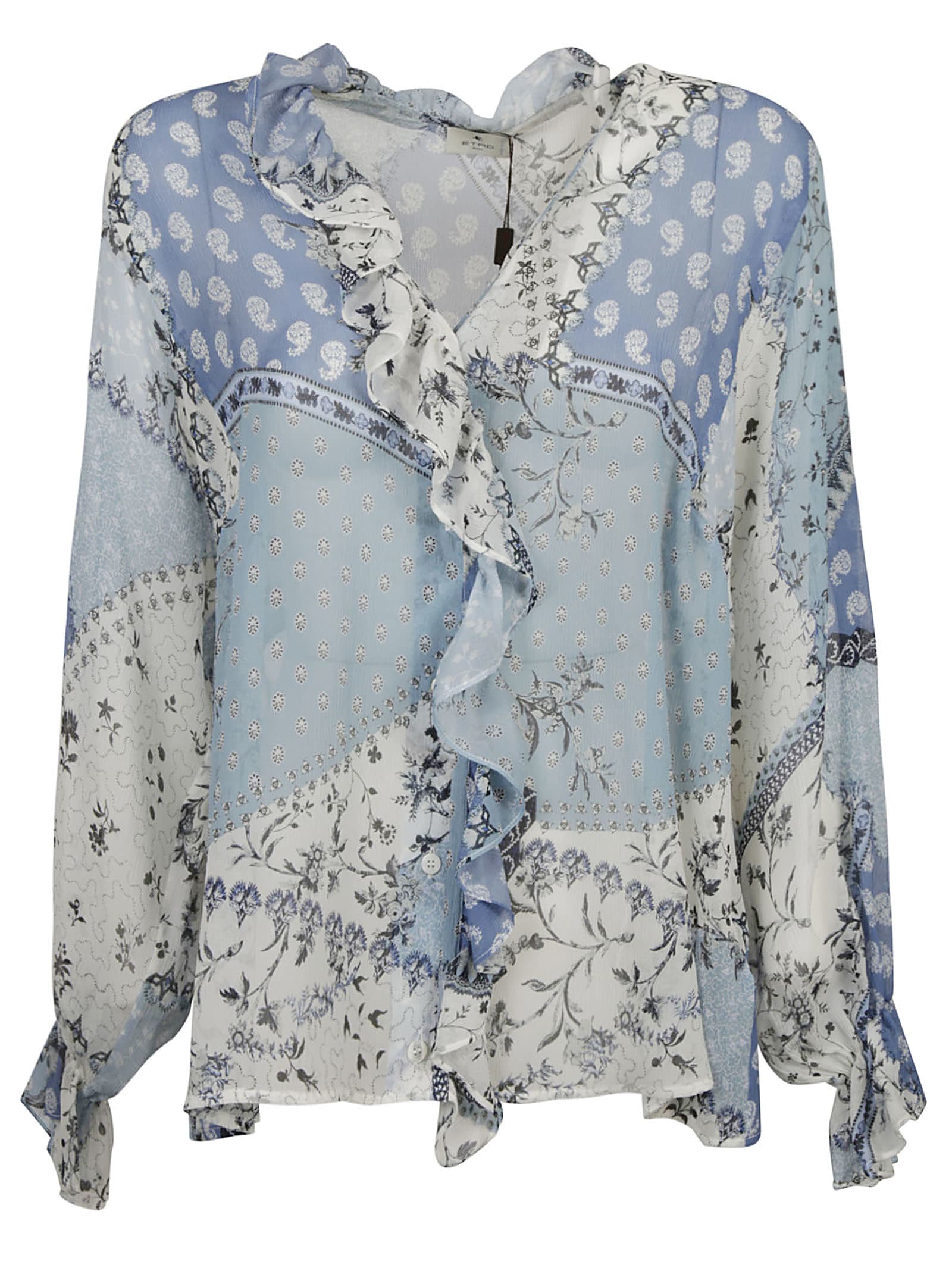 ruffled patchwork printed silk-crepon blouse in light blue