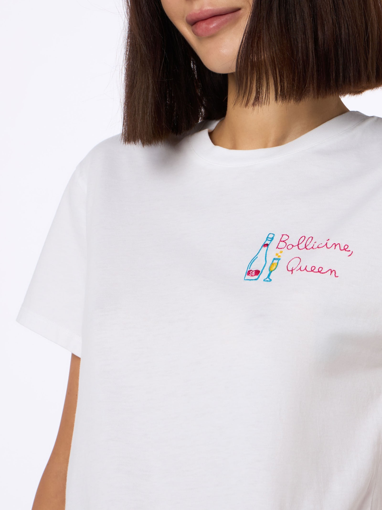 Mc2 Saint Barth Woman White Cotton Jersey Crewneck T-shirt Emilie With Bollicine Queen Embroidery In White