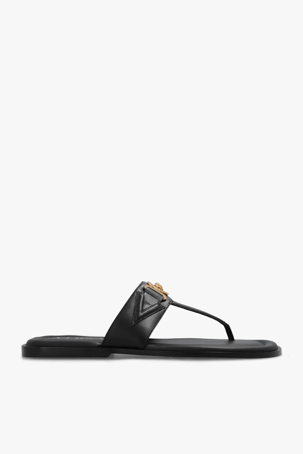 Shop Versace Leather Slides In Black