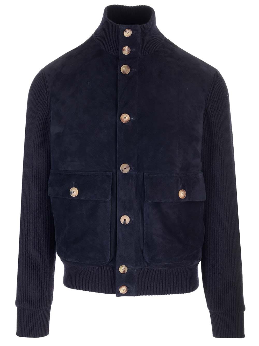 Shop Brunello Cucinelli Suede And Cashmere Knit Jacket In Blue