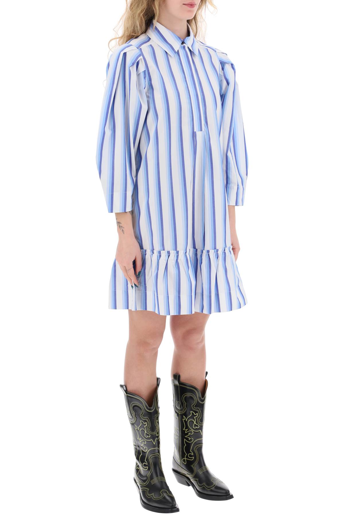 Shop Ganni Striped Dress With Ruffles. In Silver Lake Blue (pink)