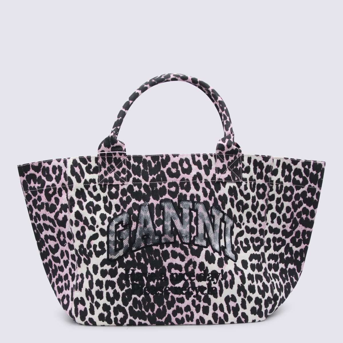 Ganni Leopard Cotton Tote In Pink