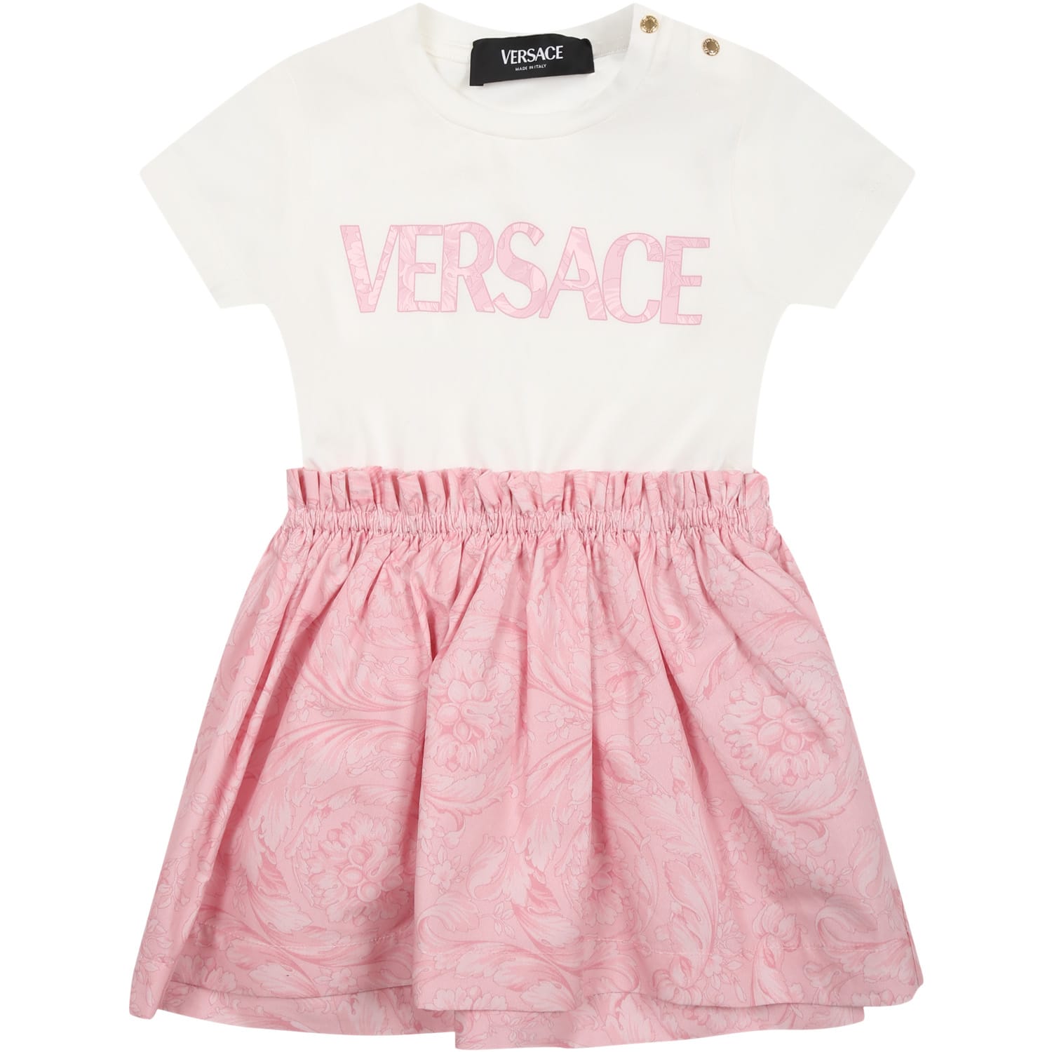Versace Pink Dress For Baby Girl With Baroque Print And Logo