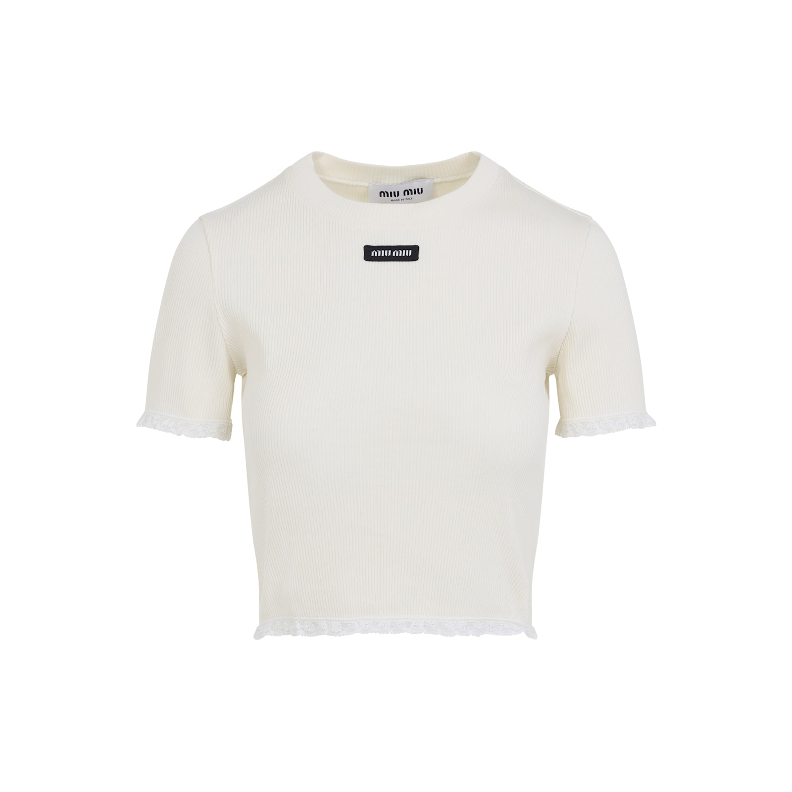 Miu Miu Womens Avorio Logo-patch Ribbed Cotton-knit T-shirt In Neutral