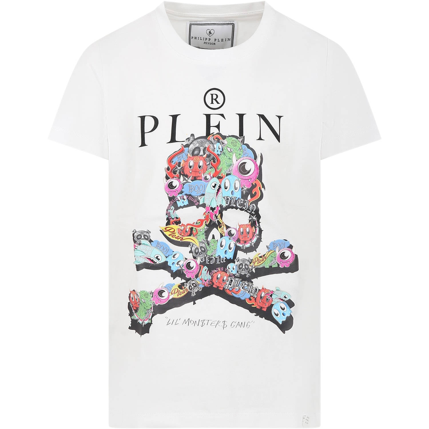 Philipp Plein Junior White T-shirt For Boy With Multicolor Skull And Logo