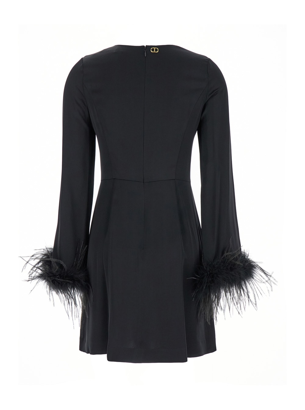 Twinset Feather-trim Satin Mini Dress In Black