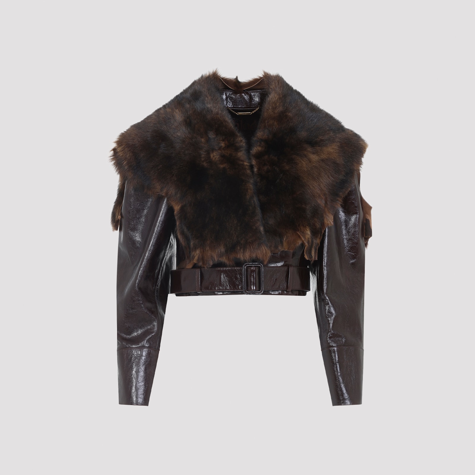 Chloé Shiny Leather Crop Moto Jacket With Removable Lamb Shearling Collar In Black