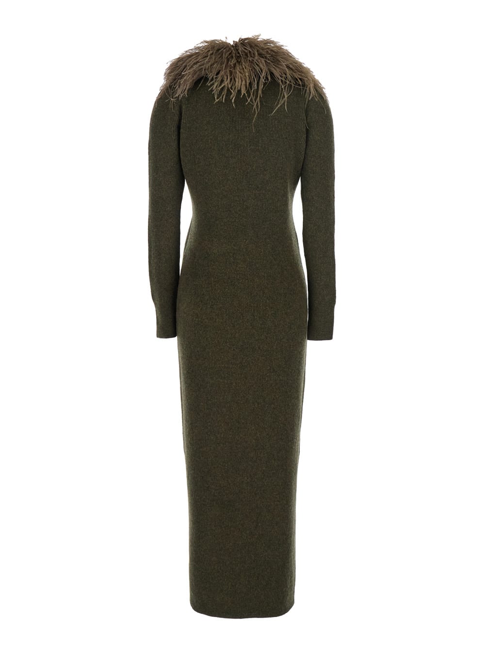 Blumarine Green Long Dress With Removable Feather Collar In Wool Woman In Green