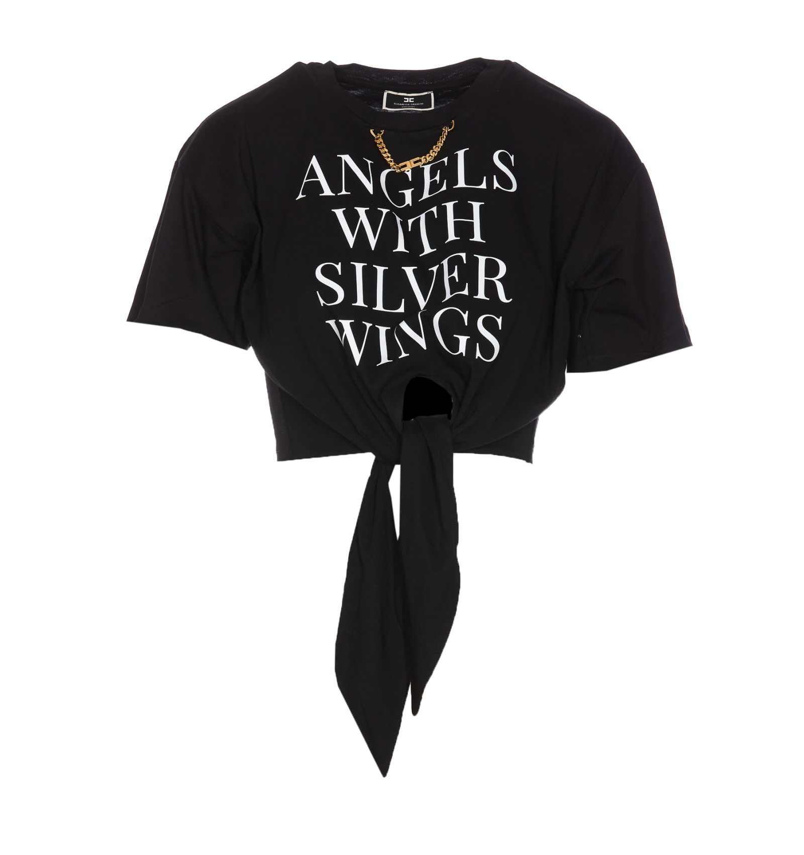 Shop Elisabetta Franchi Cropped T-shirt With Knot And Print  In Black