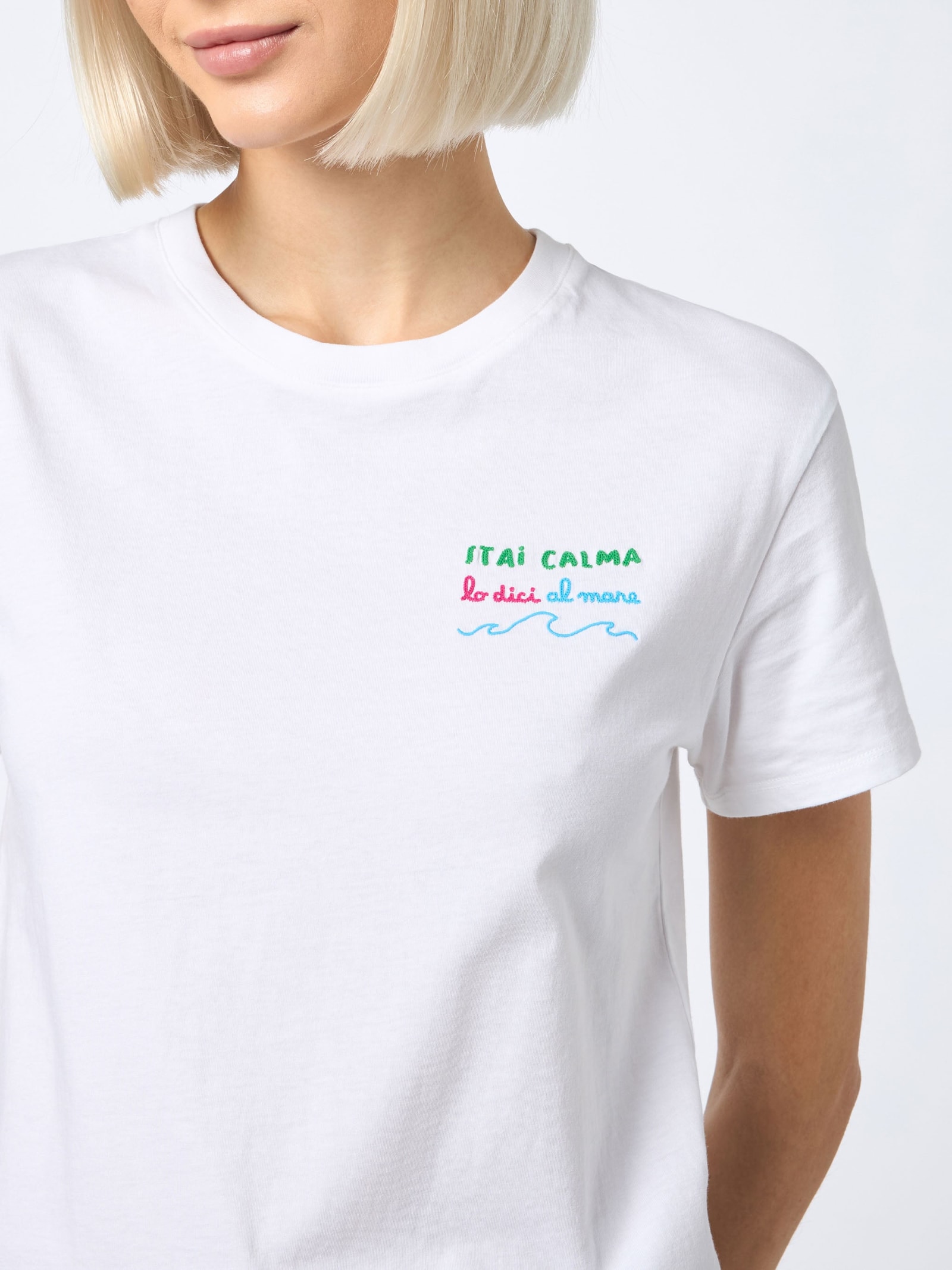 MC2 SAINT BARTH WOMAN COTTON JERSEY CREWNECK T-SHIRT EMILIE WITH STAI CALMA LO DICI AL MARE EMBROIDERY