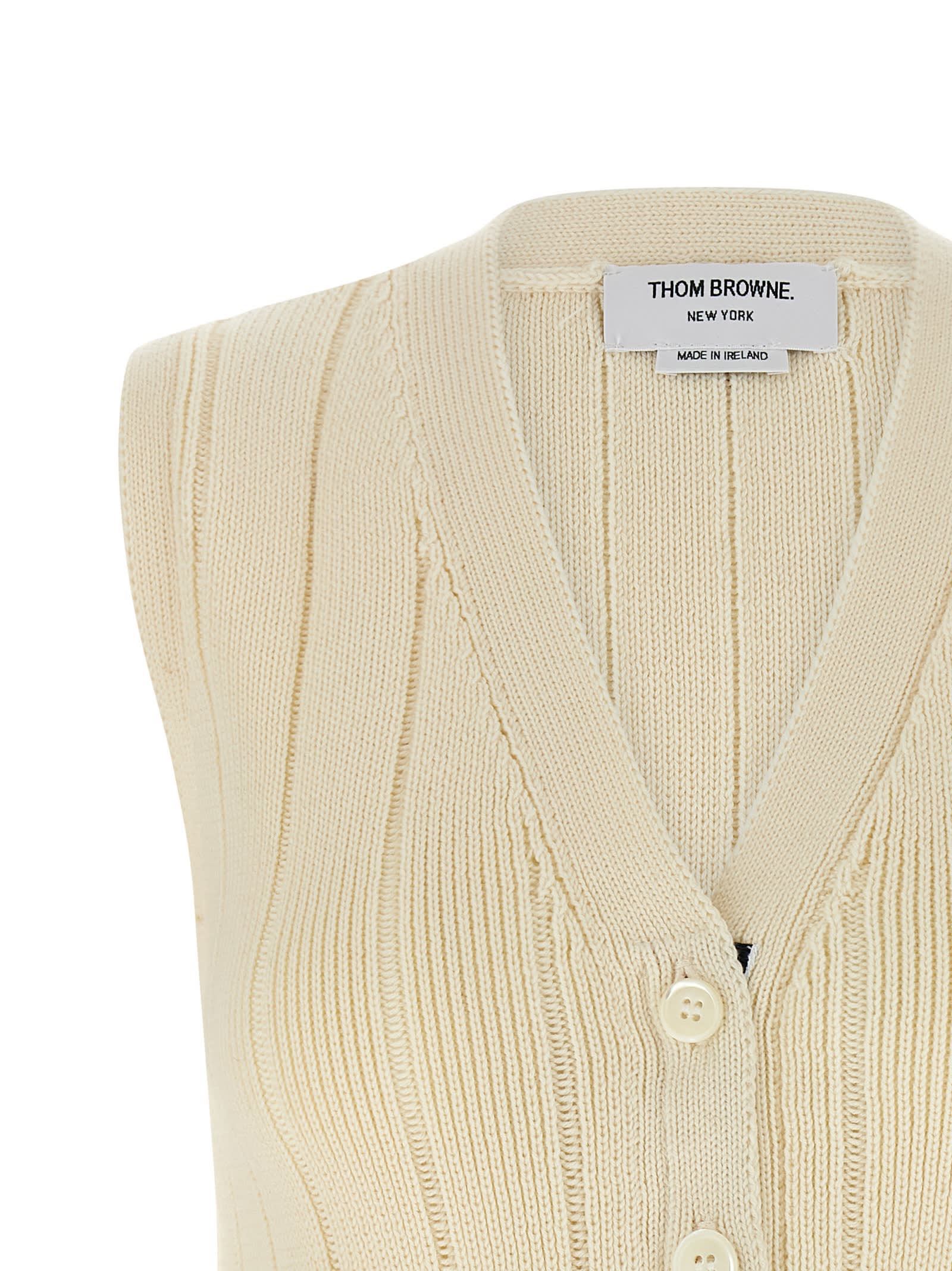 Thom Browne Sleeveless V-neck Ribbed Striped Vest In Neutral
