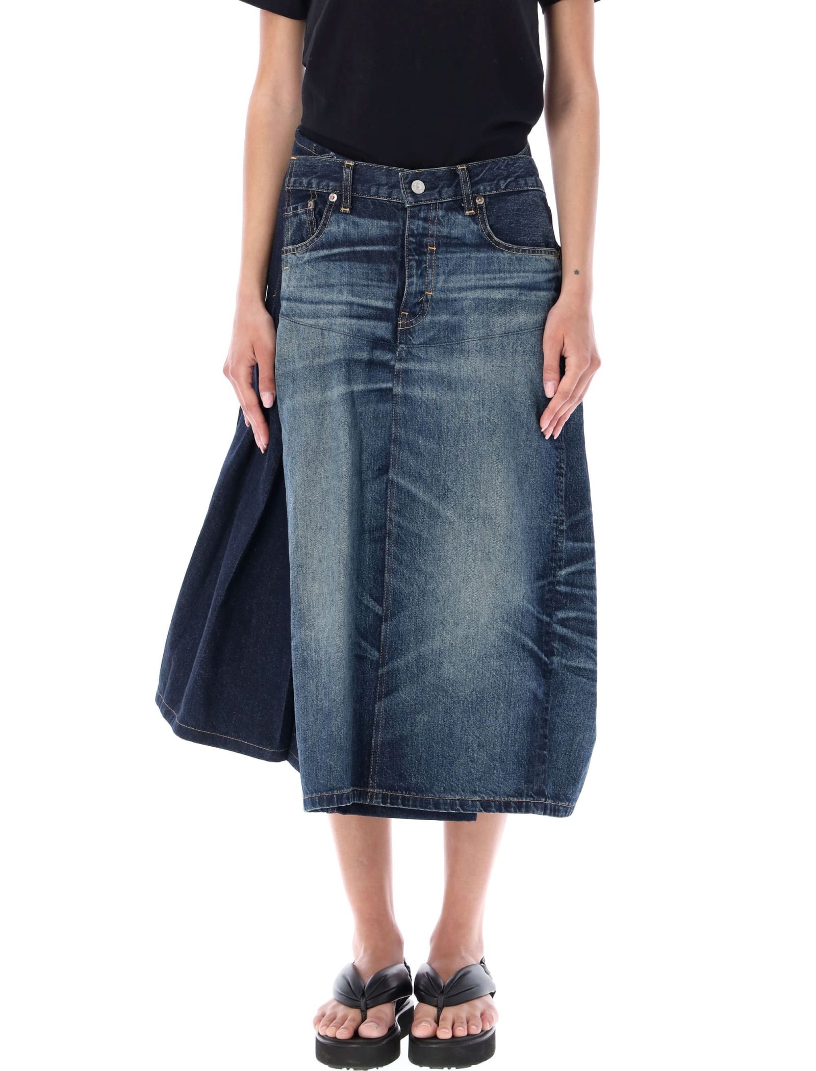 Junya Watanabe Asymmetric Paneled Pleated Denim Midi Skirt