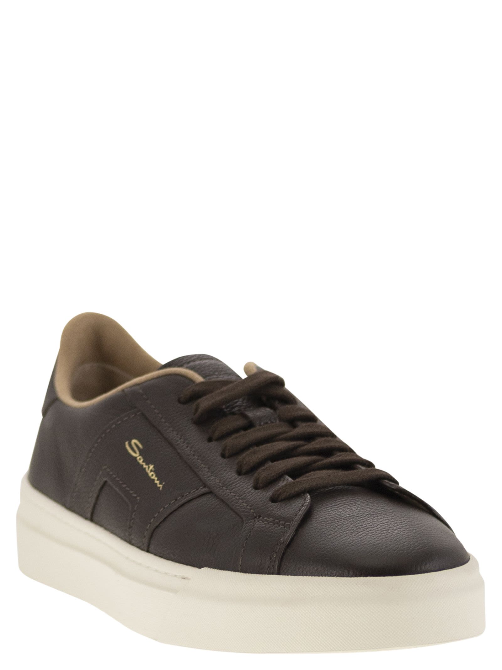 Shop Santoni Tumbled Leather Double Buckle Trainer In Dark Brown