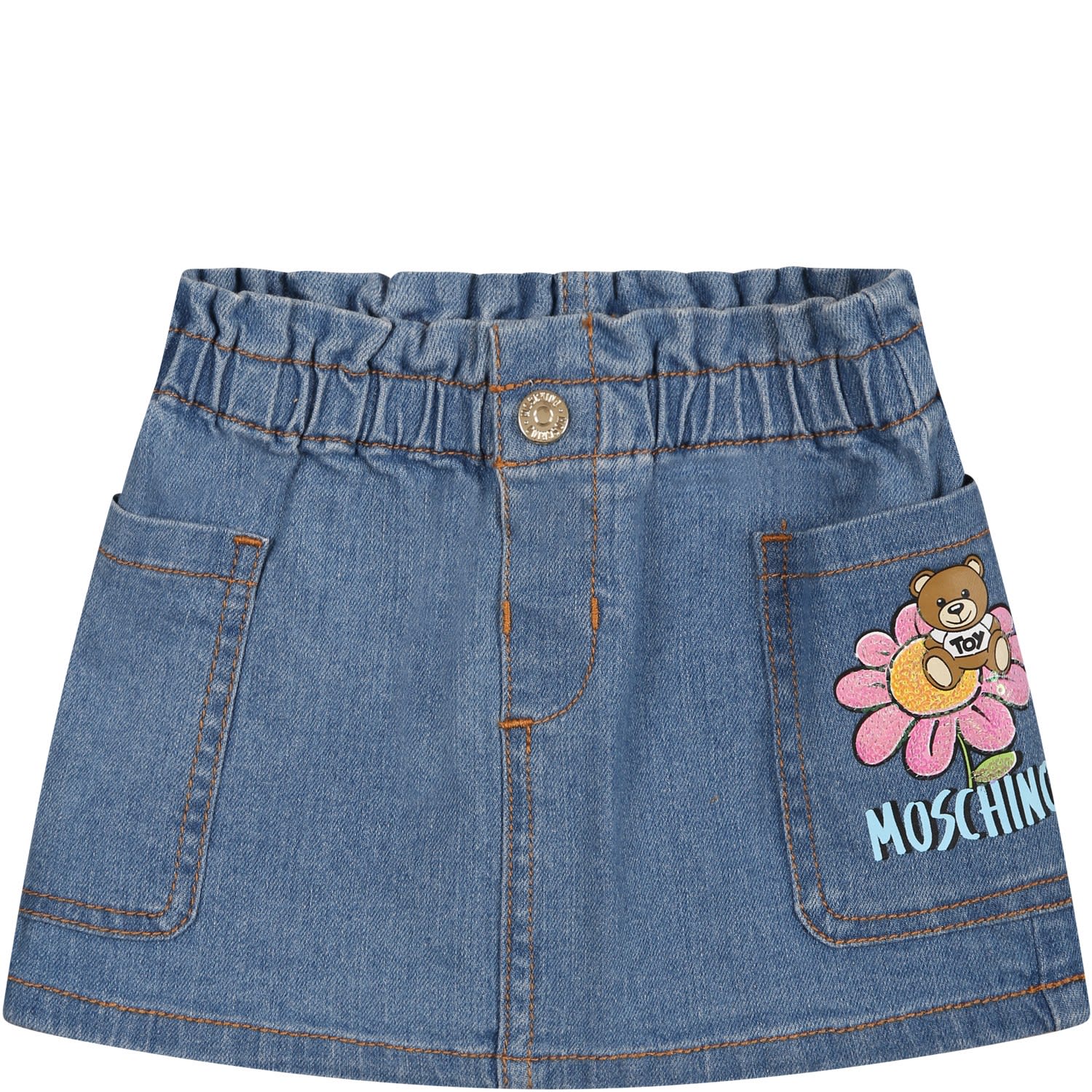 MOSCHINO BLUE SKIRT FOR BABY GIRL WITH FLOWER AND TEDDY BEAR