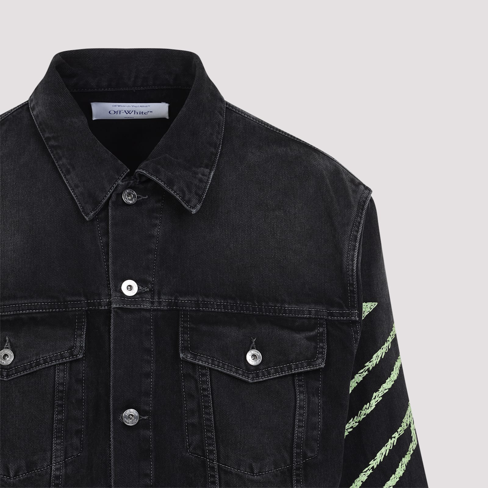 Off-white Diagonal Arrow Outline Embroidered Denim Skate Jacket In Vintage Black