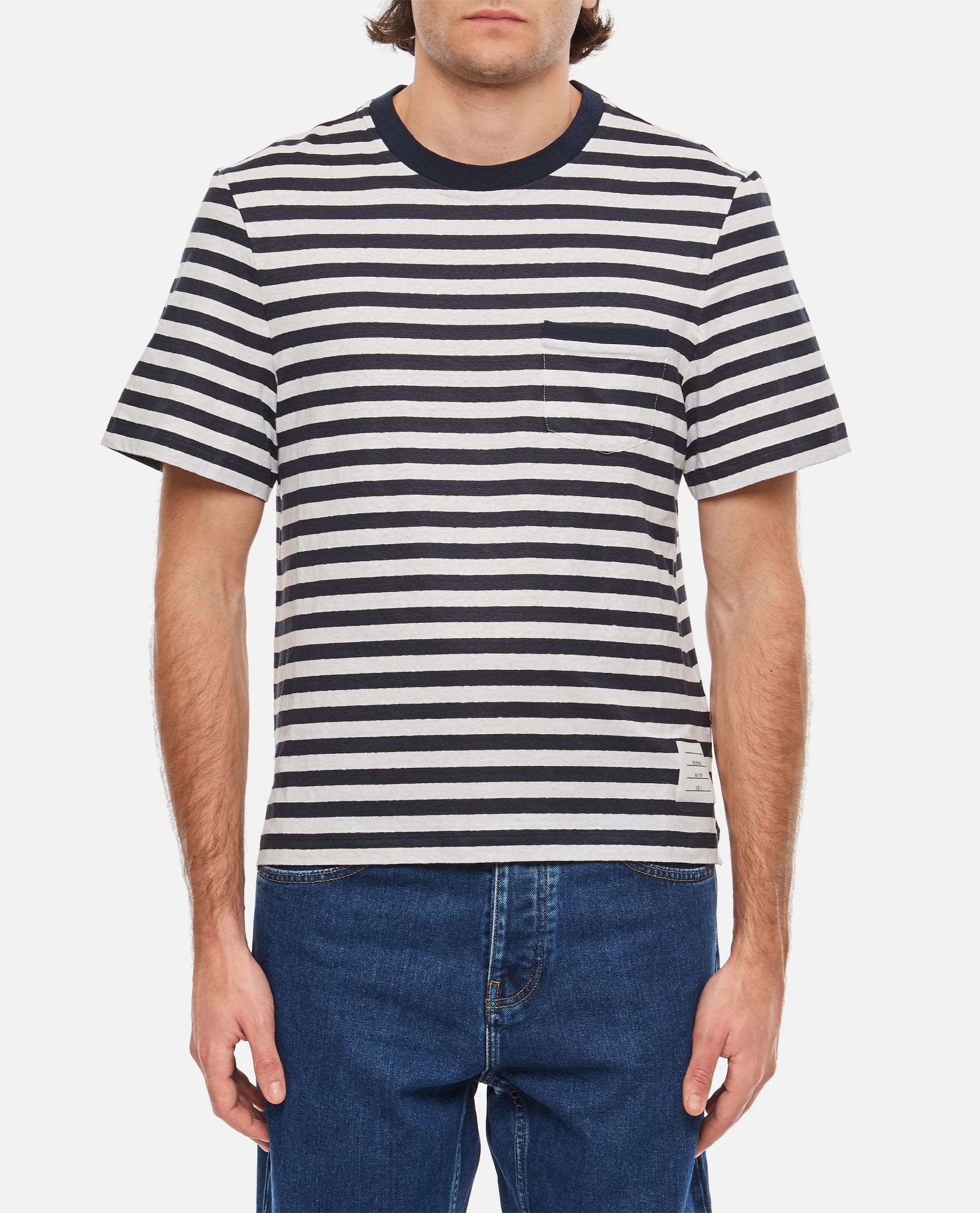 Tシャツ・カットソー THOM BROWNE LINEN STRIPED POCKET T-SHIRT Thom Browne Linen Striped Pocket T-Shirt | ShopSimon