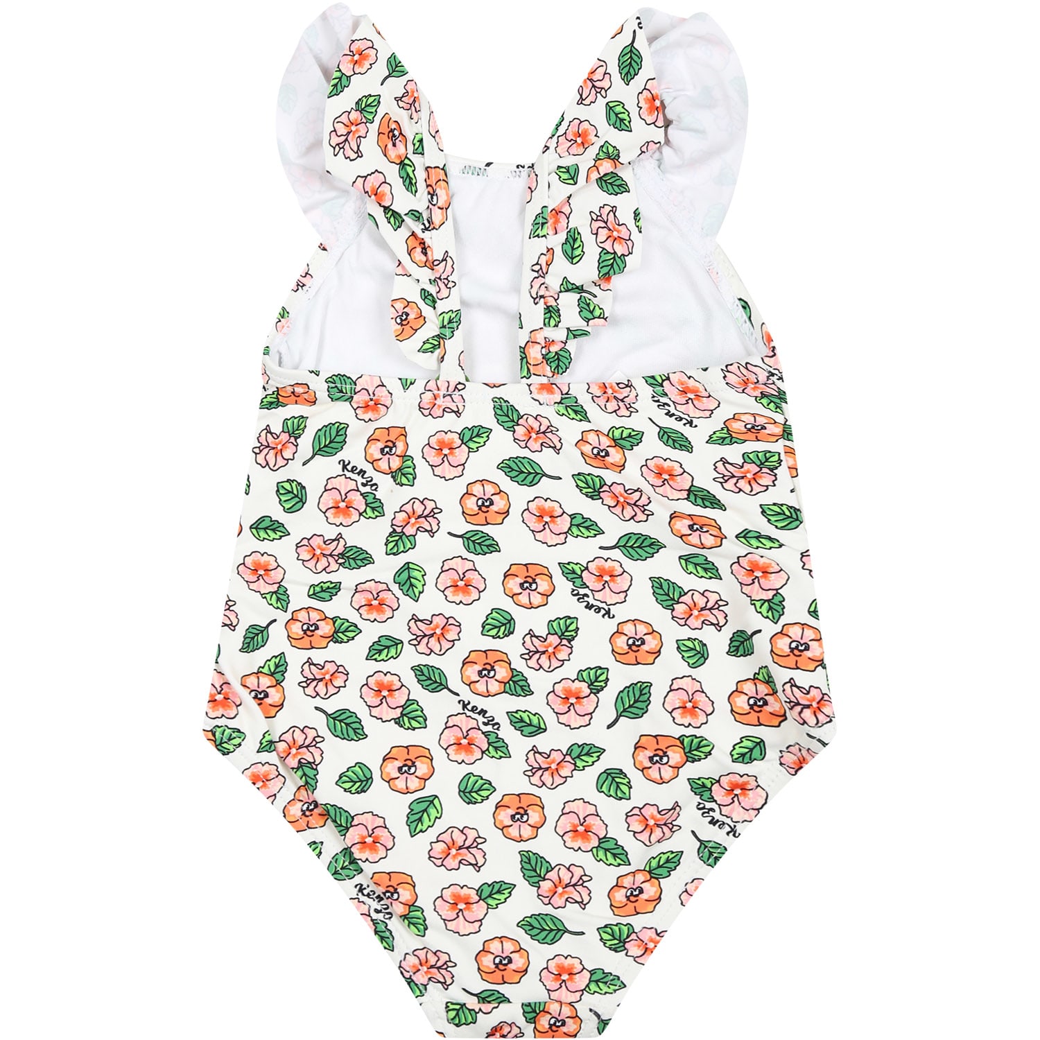 Shop Kenzo White Swimwuit For Baby Girl With Floral Print In Bianco