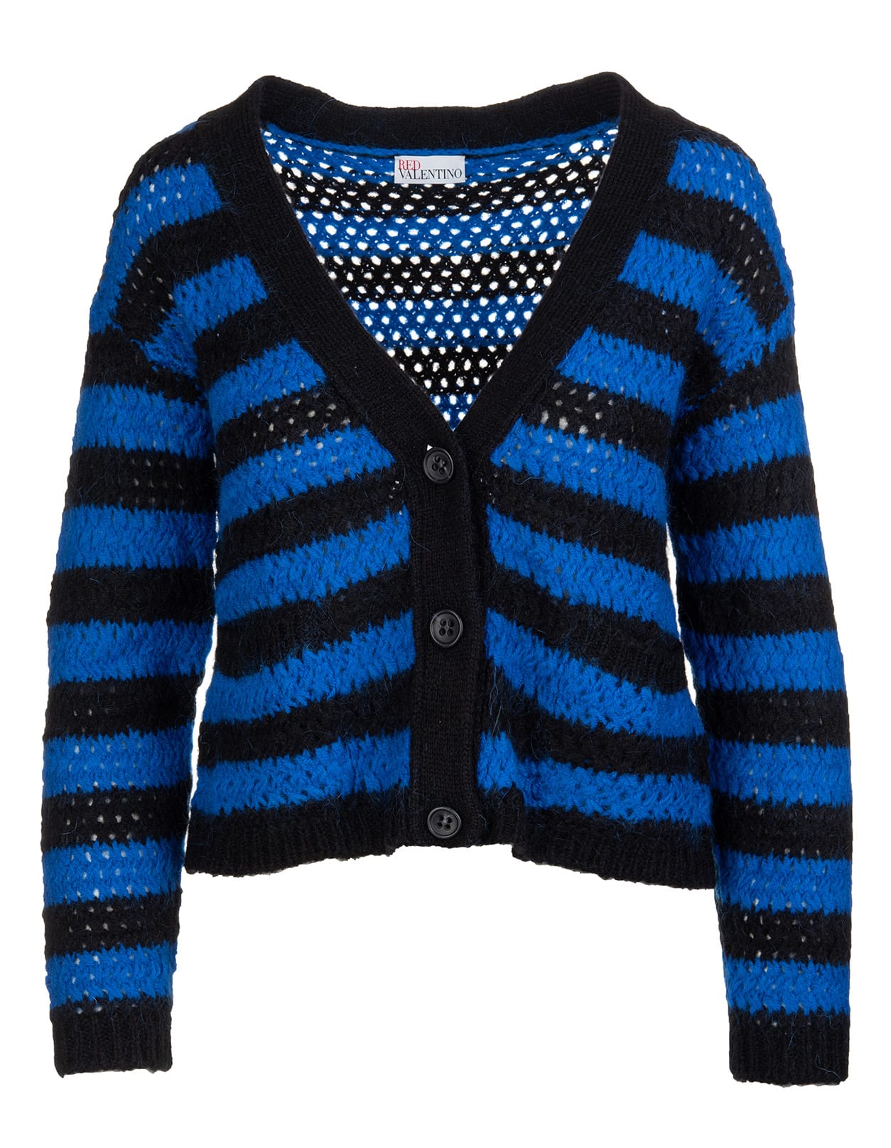 RED Valentino Woman Blue And Black Striped Mohair Blend Cardigan