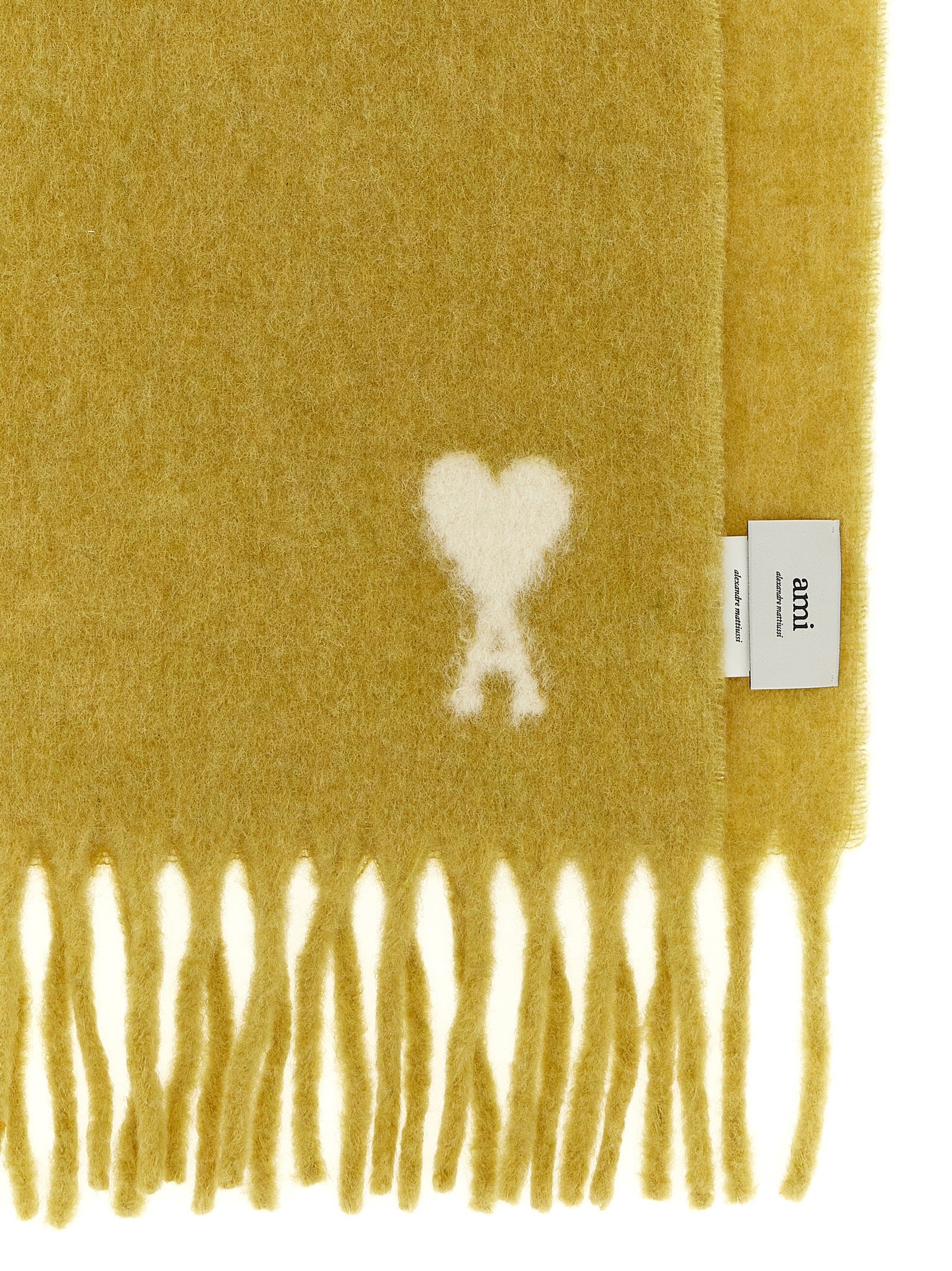Ami Alexandre Mattiussi Heart Motif Scarf Fringed Edges In Yellow