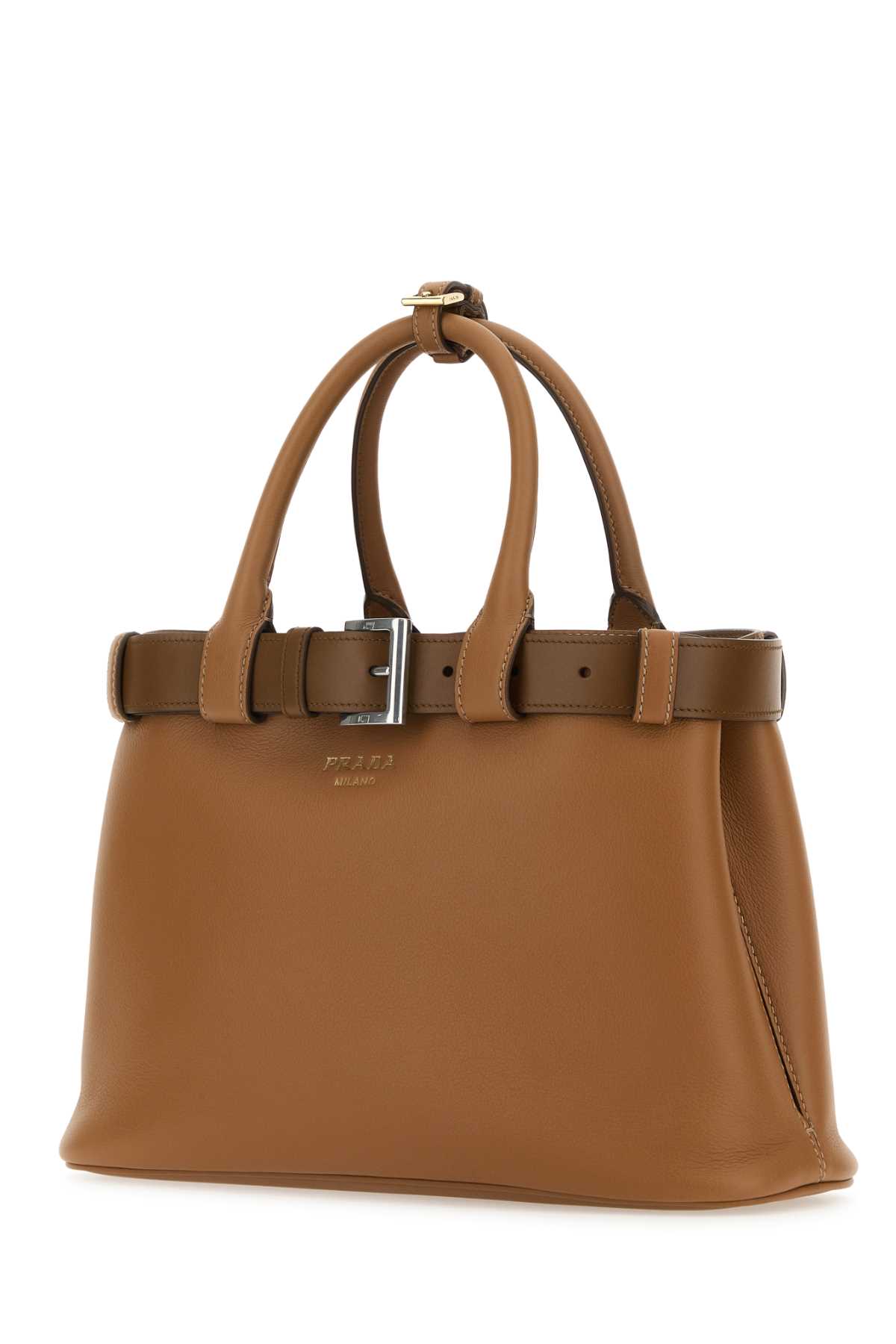 Shop Prada Caramel Leather  Buckle Medium Handbag In Caramel0