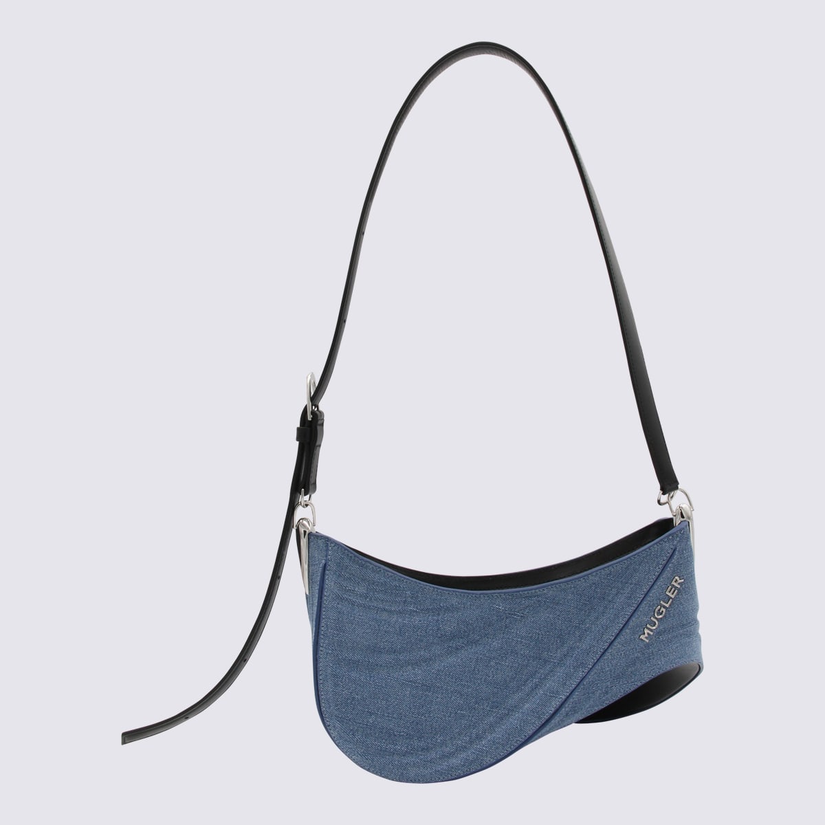 Mugler Blue Leather Curve Shoulder Bag In Medium Blue