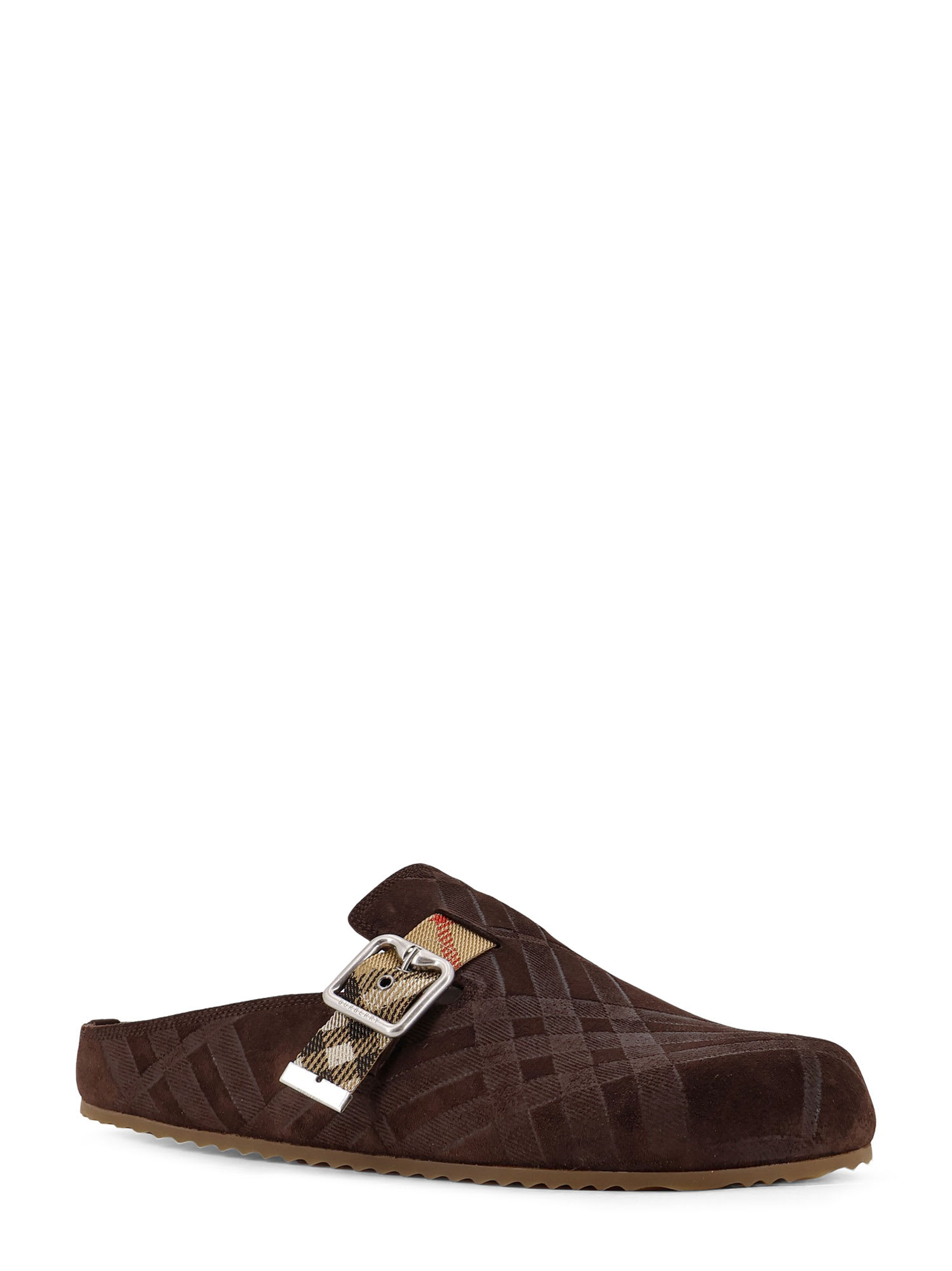 Burberry Strap Patterned Round Toe Rubber Sole Slip-on In Brown