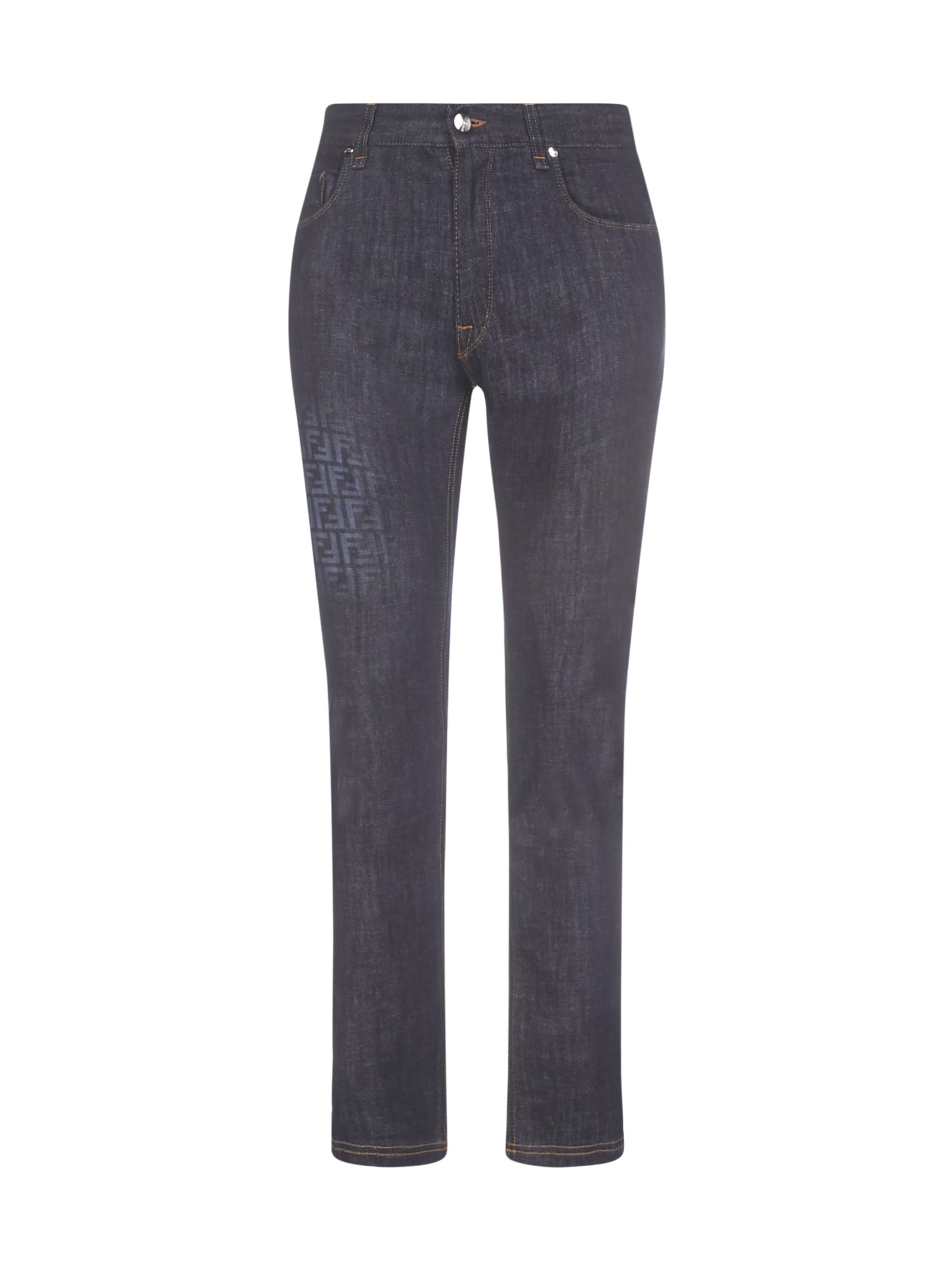 Fendi Slim Faded Ff Jeans In Dark Blu